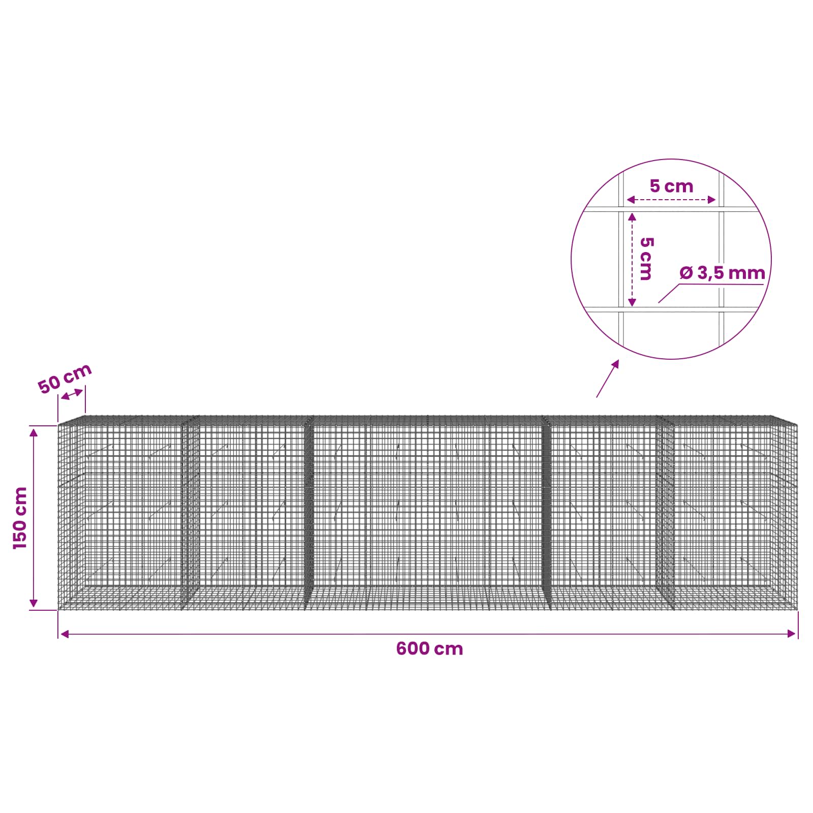 Gabion z žico 3,5 mm in mrežo 5x5 cm 600x50x150 cm