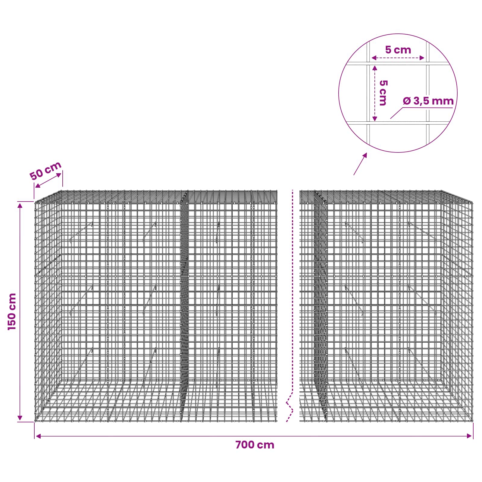 Gabion z žico 3,5 mm in mrežo 5x5 cm 700x50x150 cm