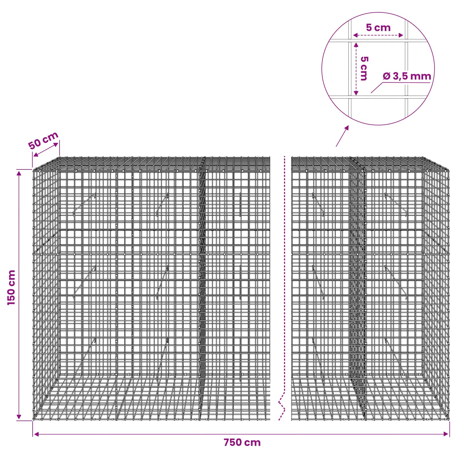 Gabion z žico 3,5 mm in mrežo 5x5 cm 750x50x150 cm