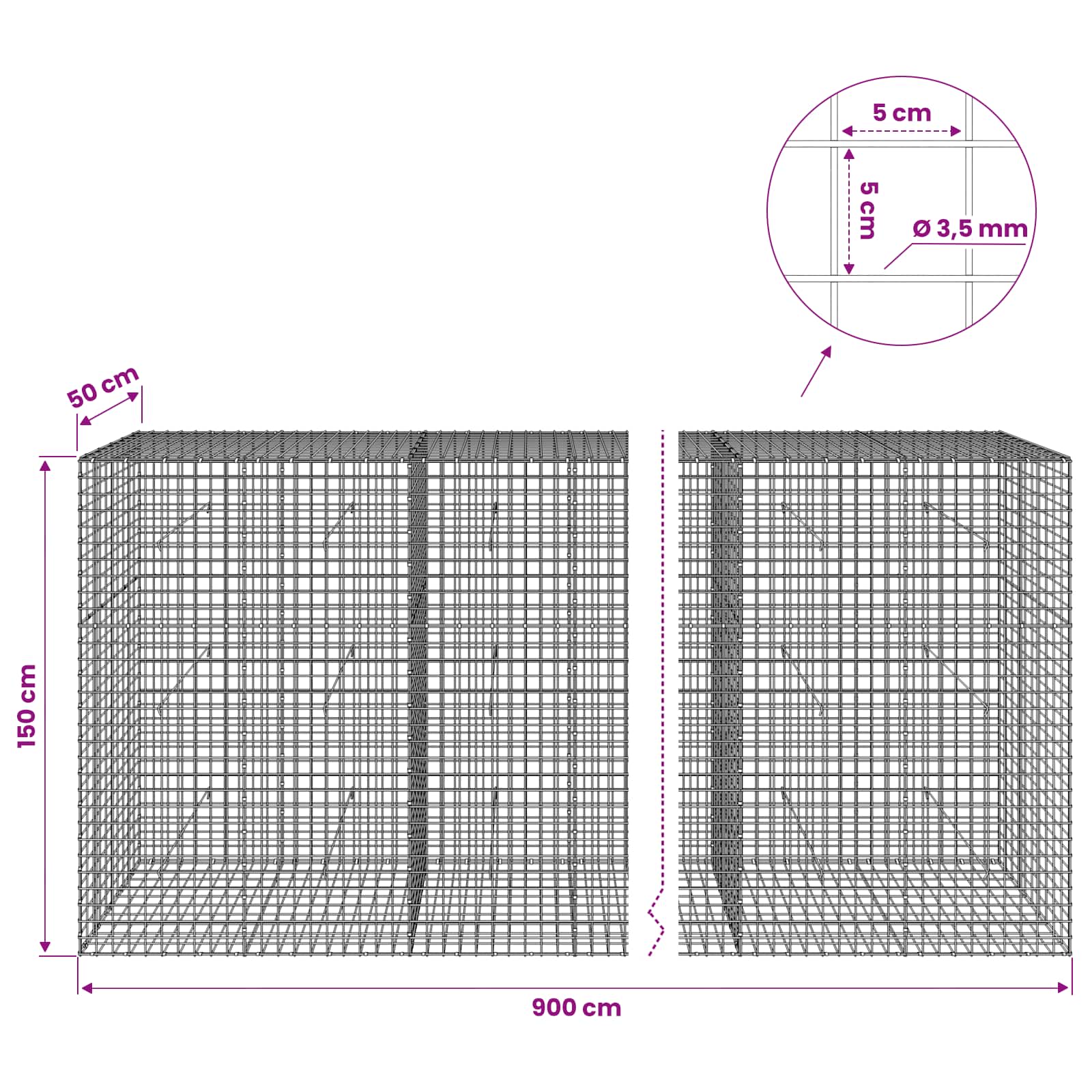 Gabion z žico 3,5 mm in mrežo 5x5 cm 900x50x150 cm