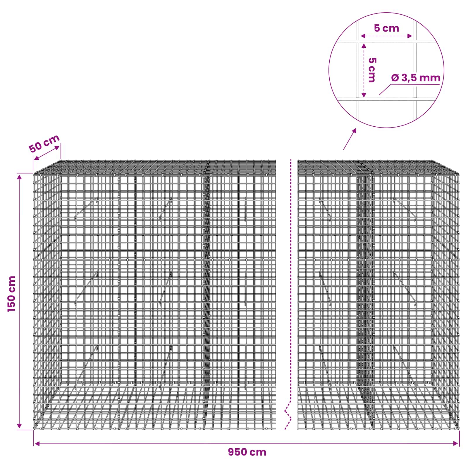 Gabion z žico 3,5 mm in mrežo 5x5 cm 950x50x150 cm
