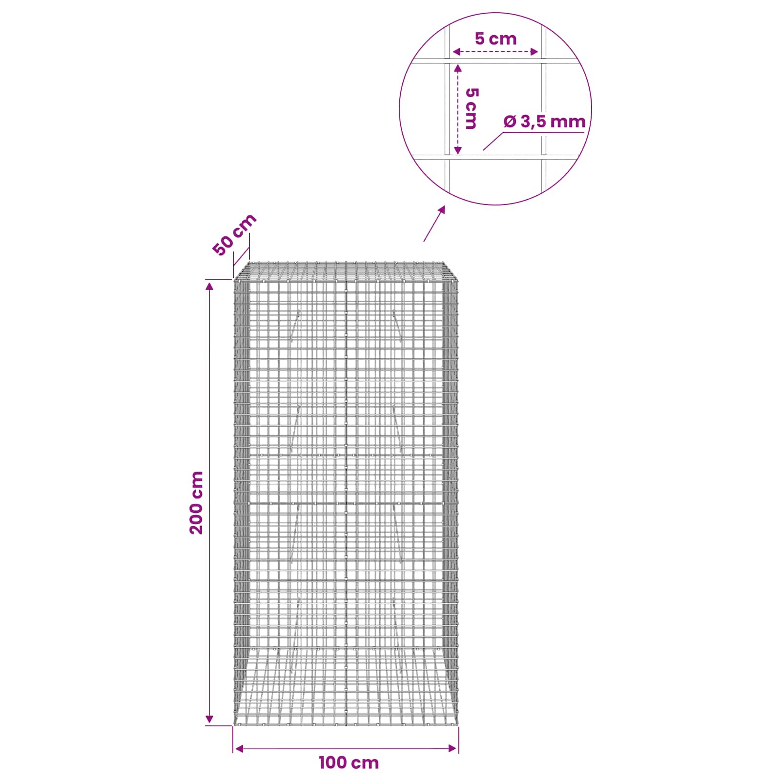 Gabion z žico 3,5 mm in mrežo 5x5 cm 100x50x200 cm