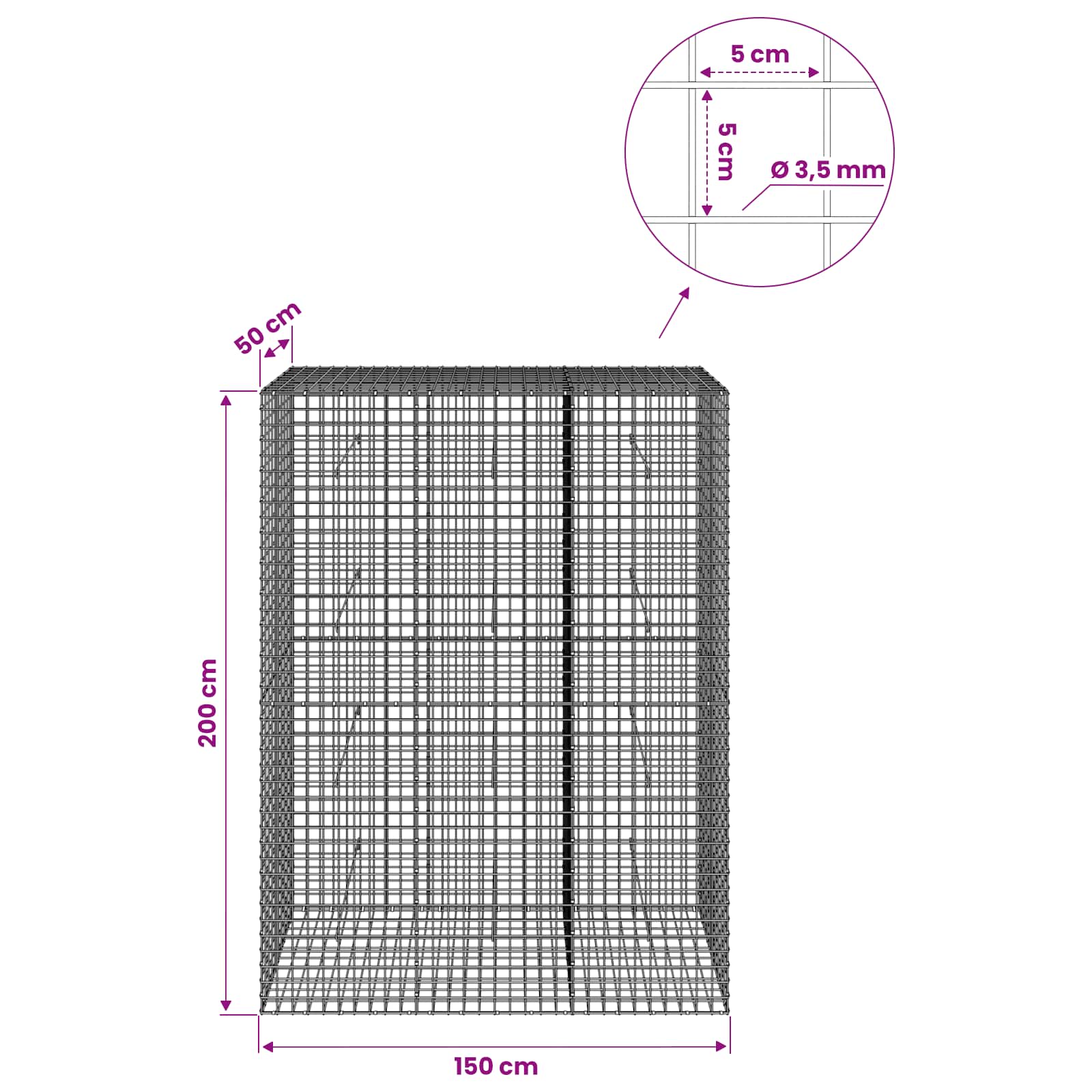 Gabion z žico 3,5 mm in mrežo 5x5 cm 150x50x200 cm