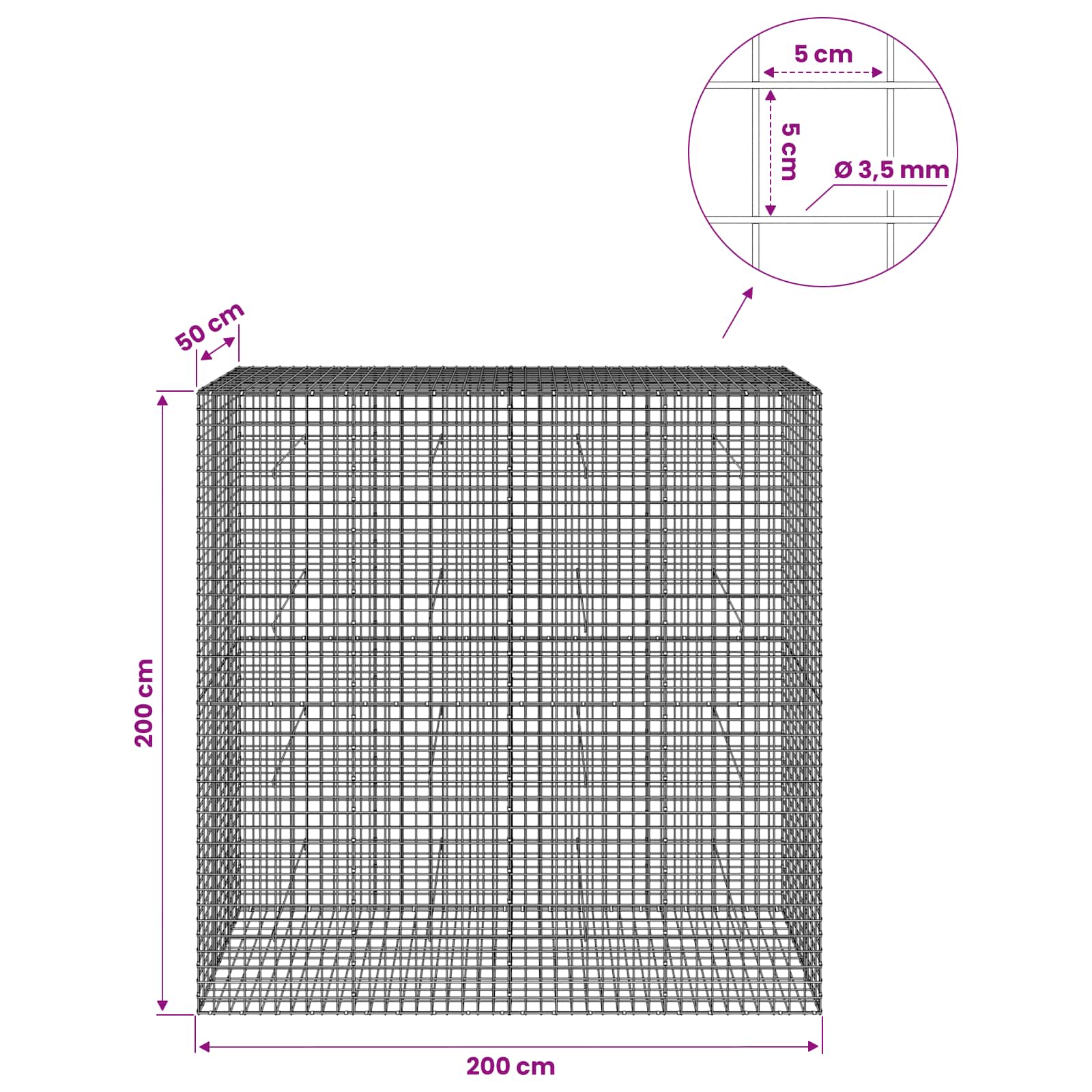 Gabion z žico 3,5 mm in mrežo 5x5 cm 200x50x200 cm