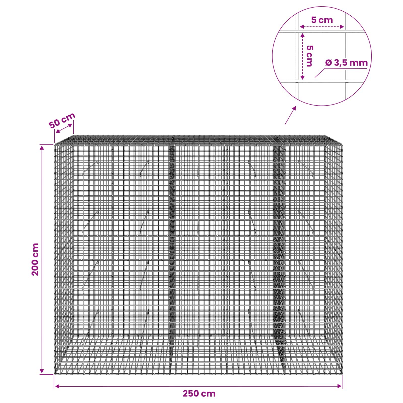 Gabion z žico 3,5 mm in mrežo 5x5 cm 250x50x200 cm