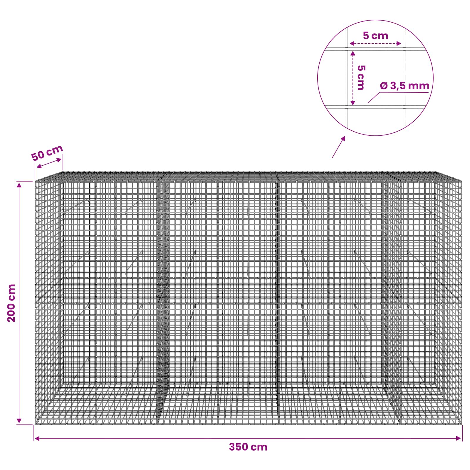 Gabion z žico 3,5 mm in mrežo 5x5 cm 350x50x200 cm