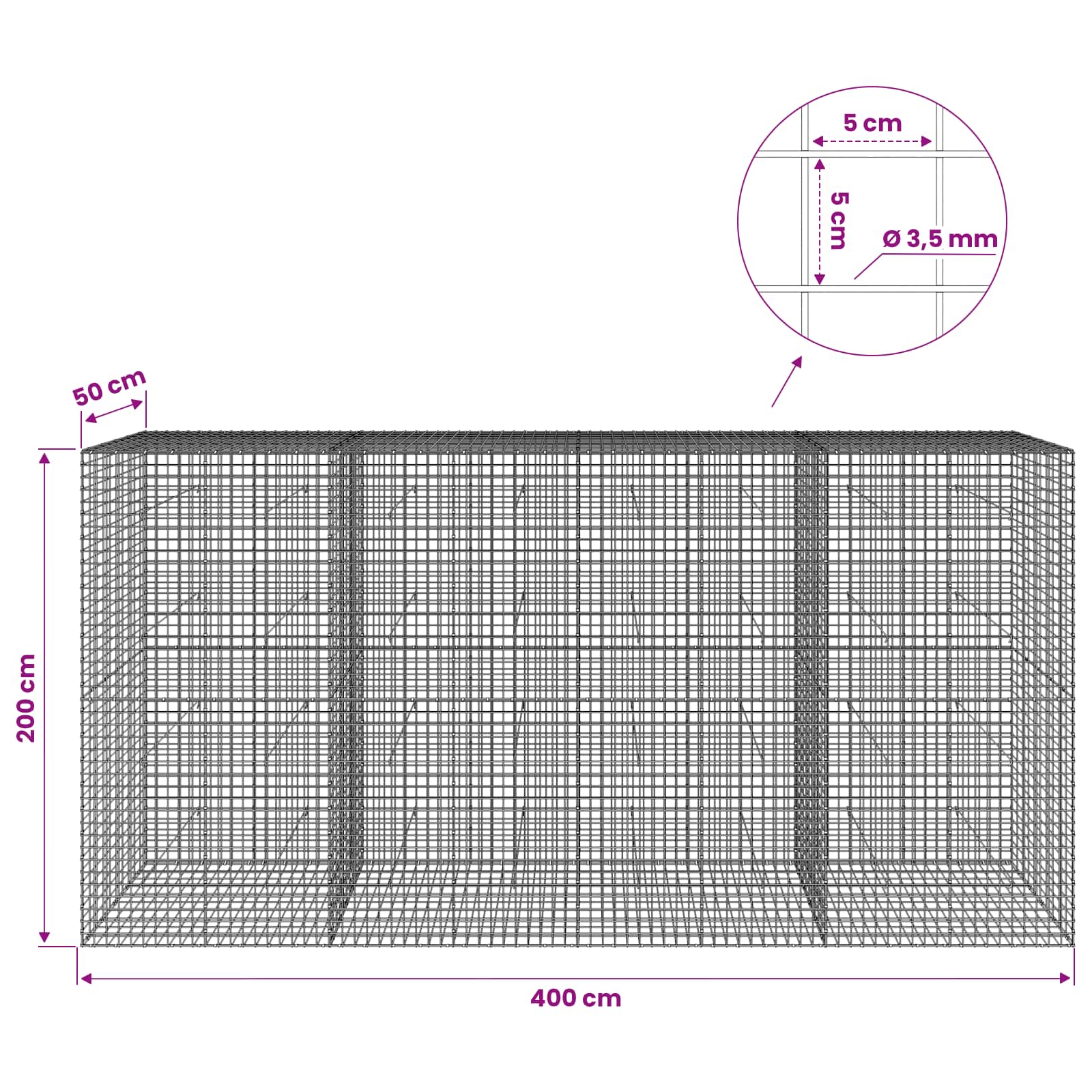 Gabion z žico 3,5 mm in mrežo 5x5 cm 400x50x200 cm