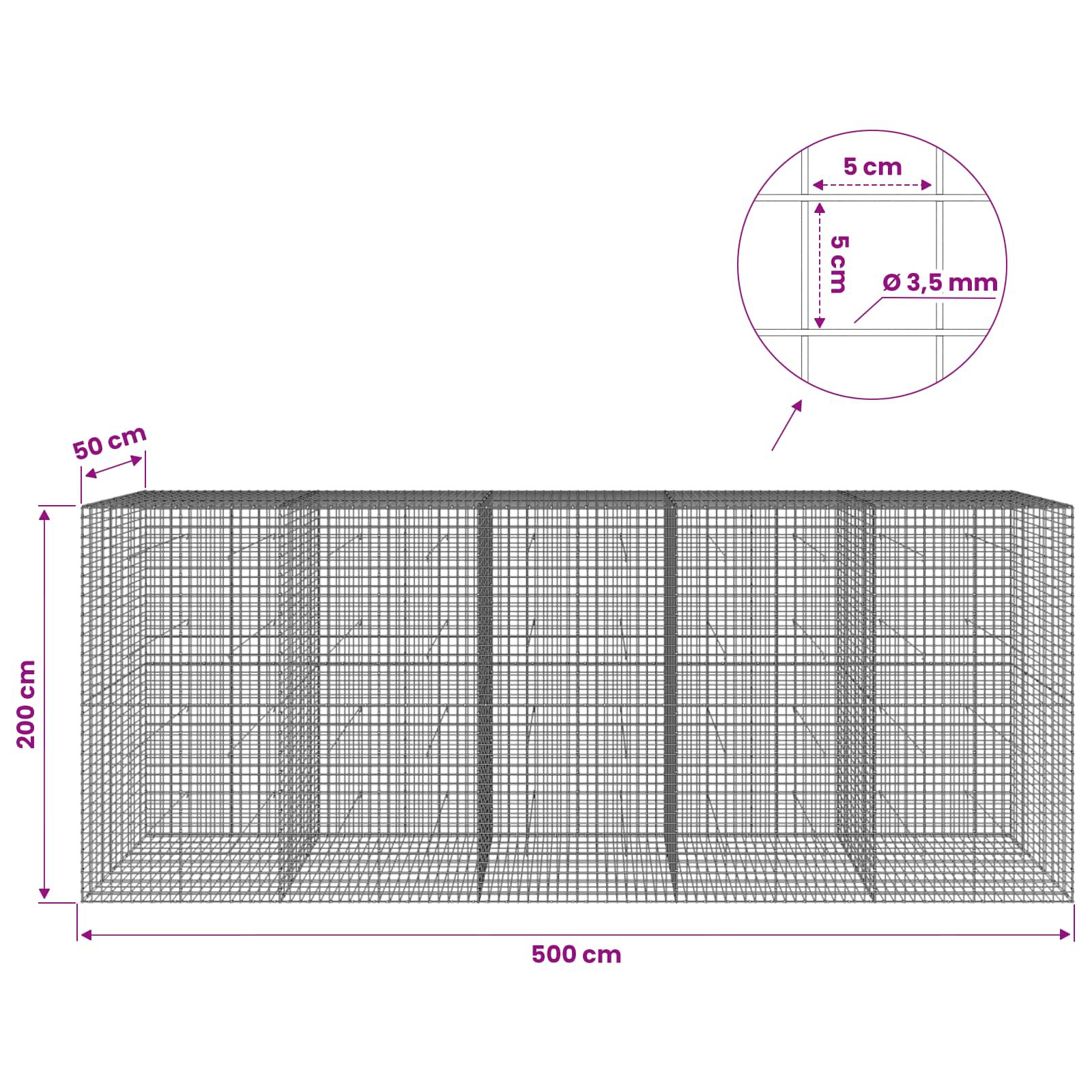 Gabion z žico 3,5 mm in mrežo 5x5 cm 500x50x200 cm