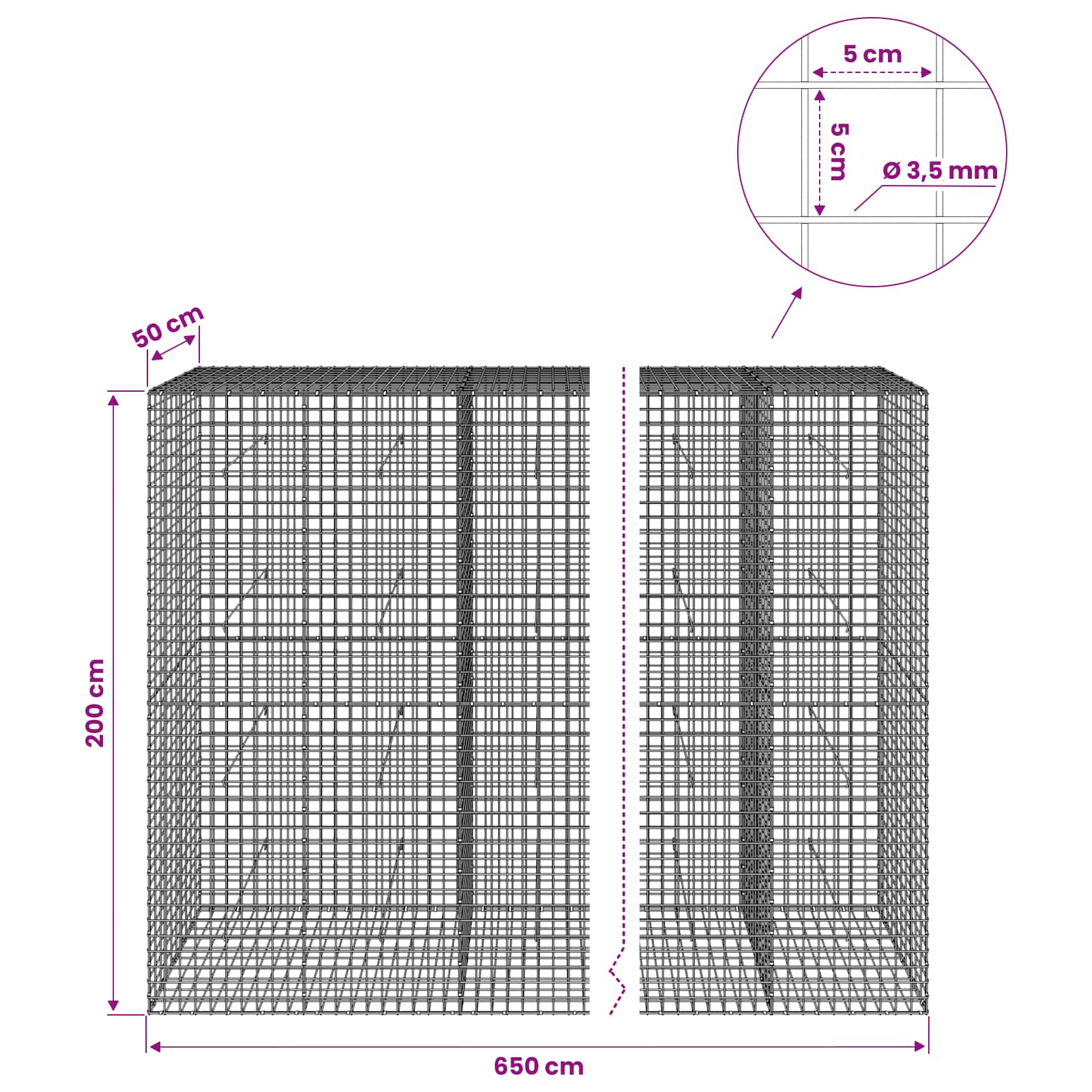 Gabion z žico 3,5 mm in mrežo 5x5 cm 650x50x200 cm