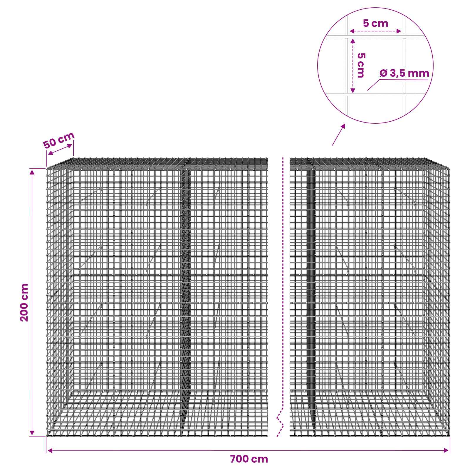 Gabion z žico 3,5 mm in mrežo 5x5 cm 700x50x200 cm