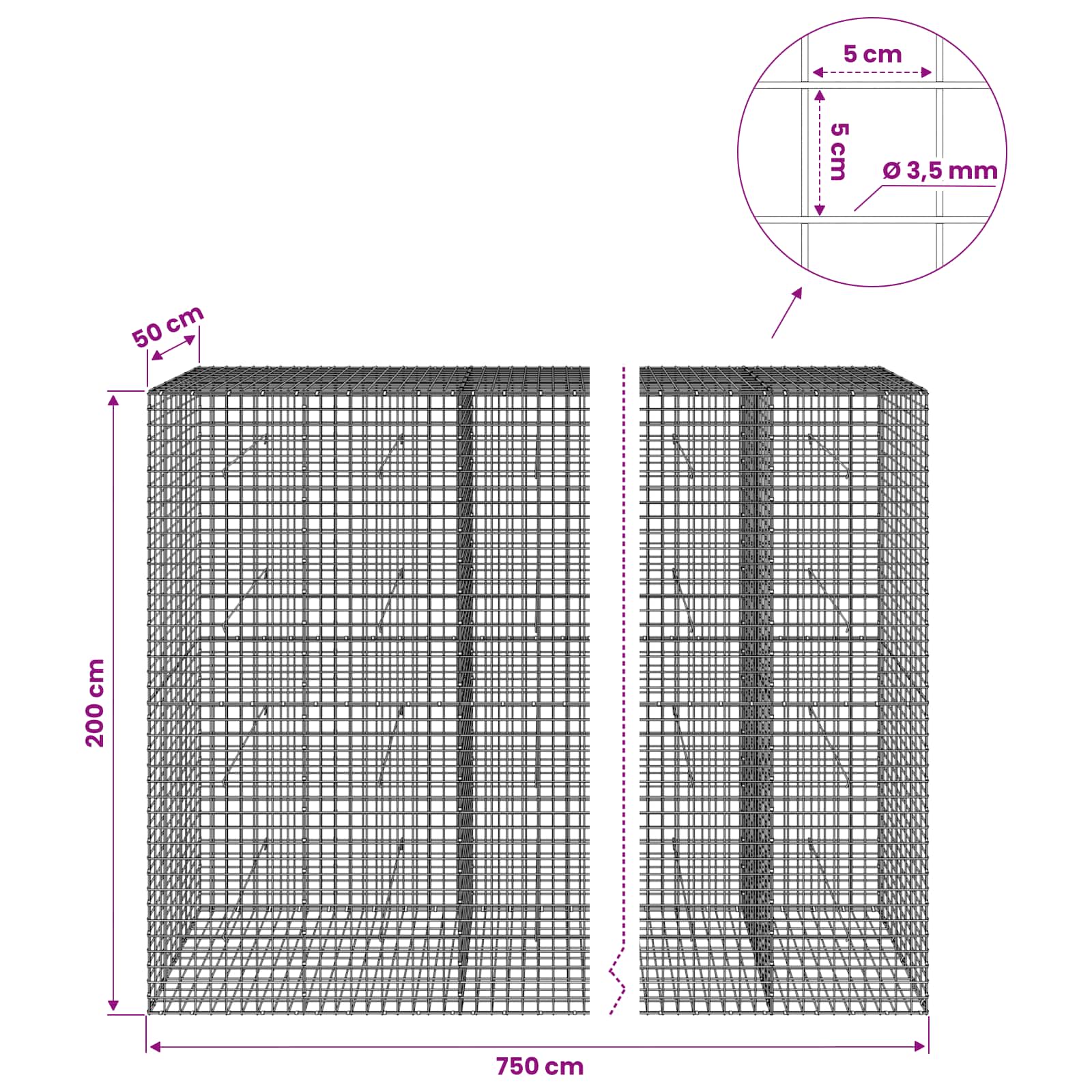 Gabion z žico 3,5 mm in mrežo 5x5 cm 750x50x200 cm