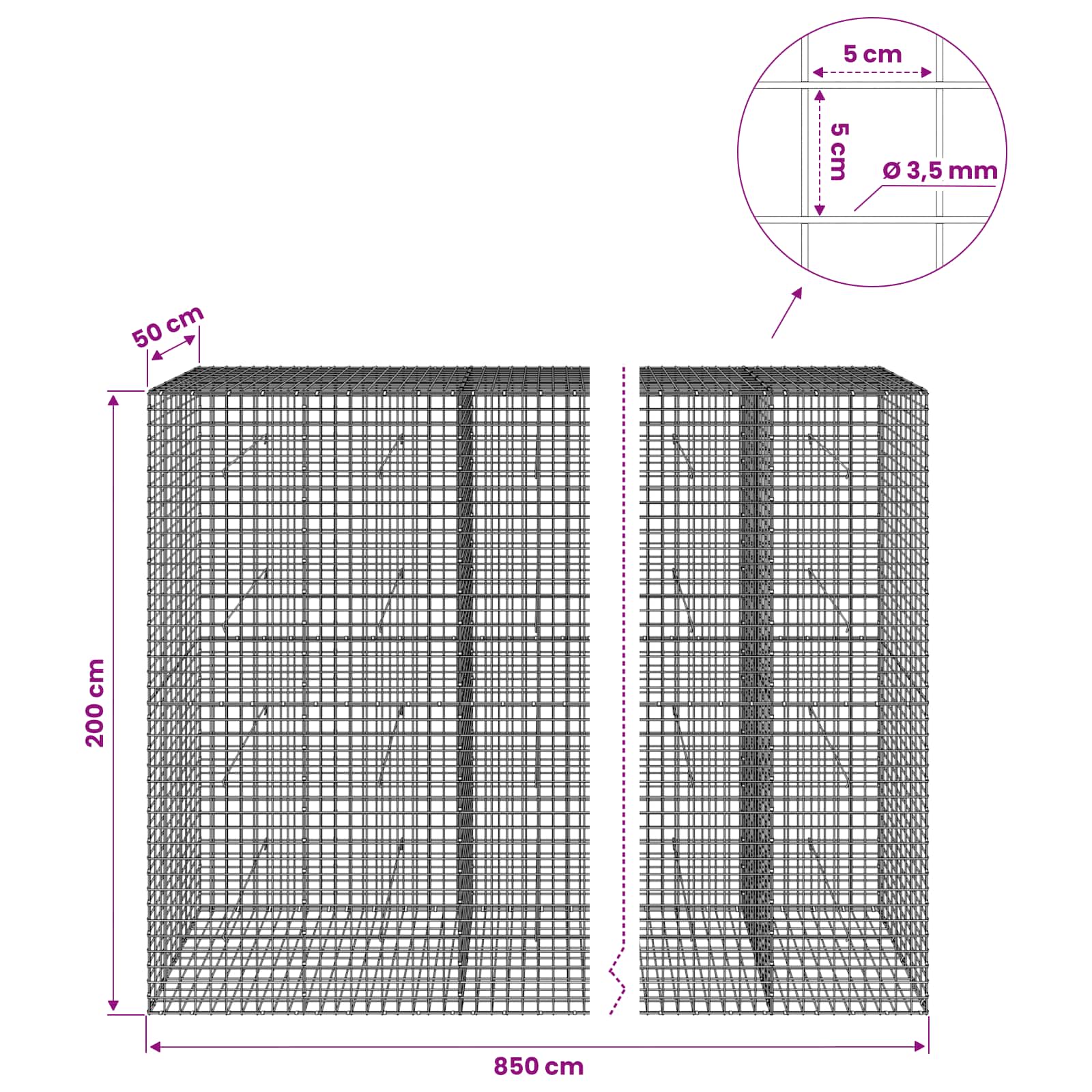 Gabion z žico 3,5 mm in mrežo 5x5 cm 850x50x200 cm
