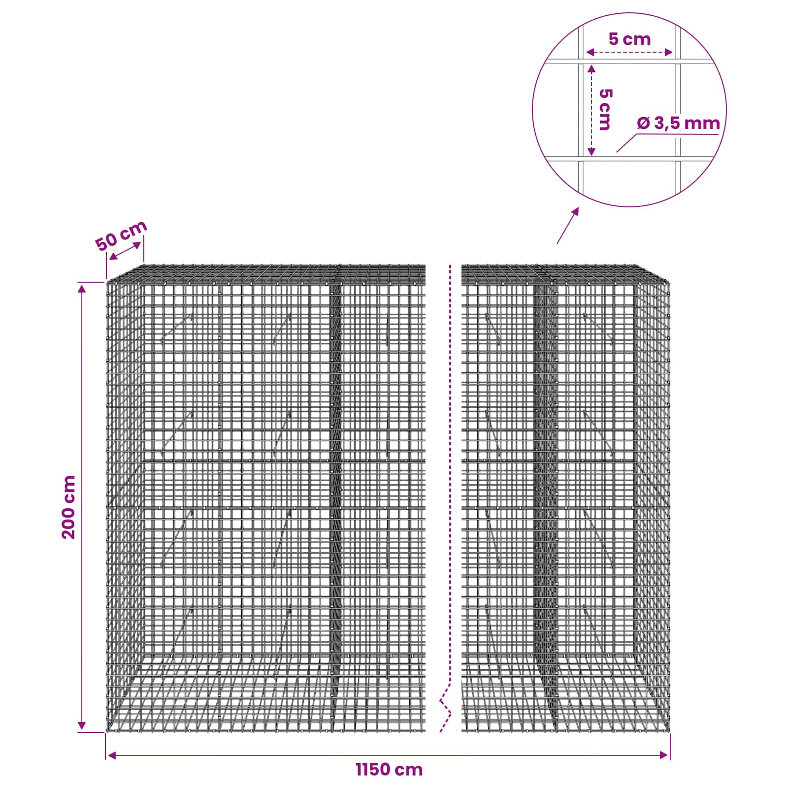 Gabion z žico 3,5 mm in mrežo 5x5 cm 1150x50x200 cm