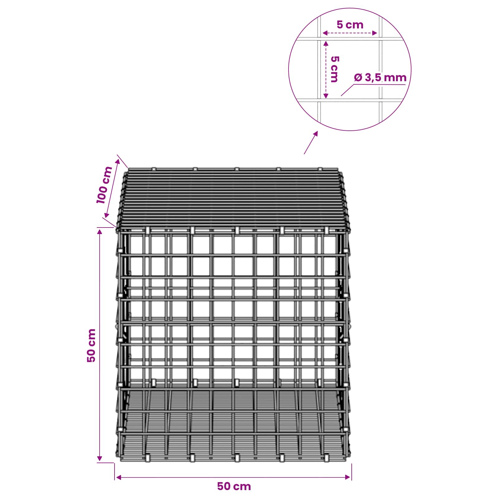 Gabion z žico 3,5 mm in mrežo 5x5 cm 50x100x50 cm
