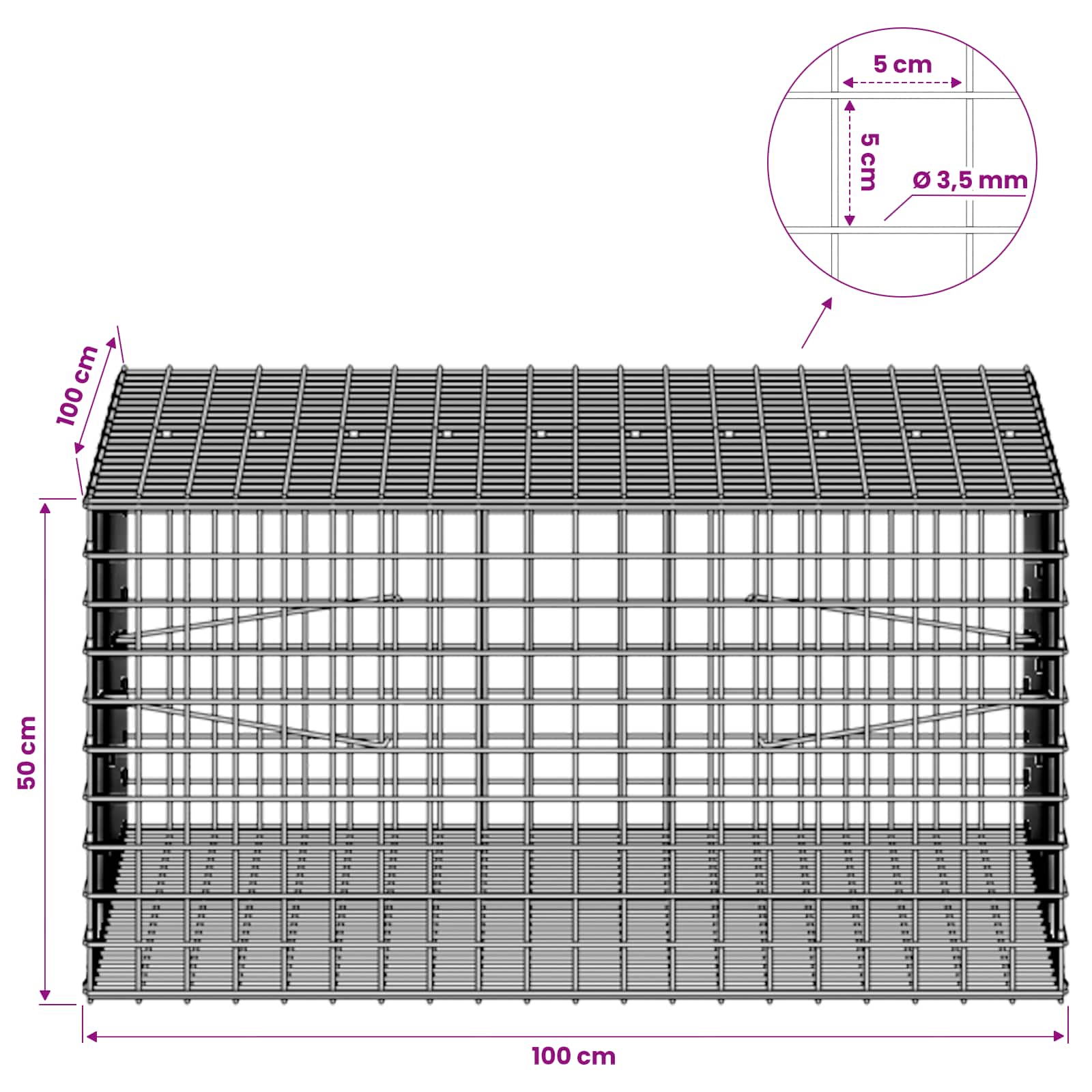 Gabion z žico 3,5 mm in mrežo 5x5 cm 100x100x50 cm