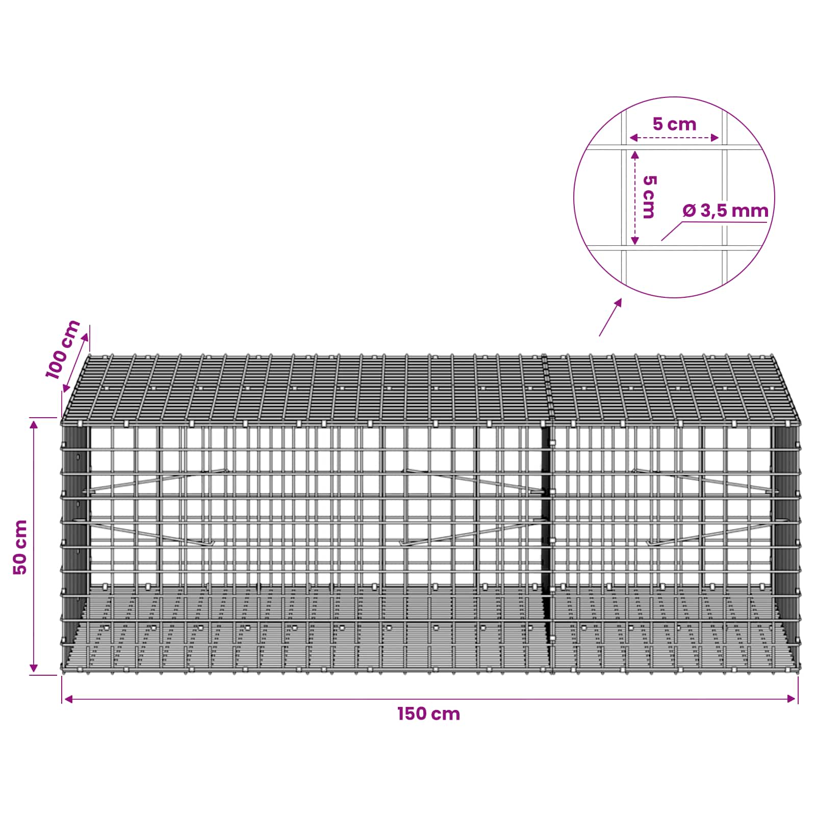 Gabion z žico 3,5 mm in mrežo 5x5 cm 150x100x50 cm