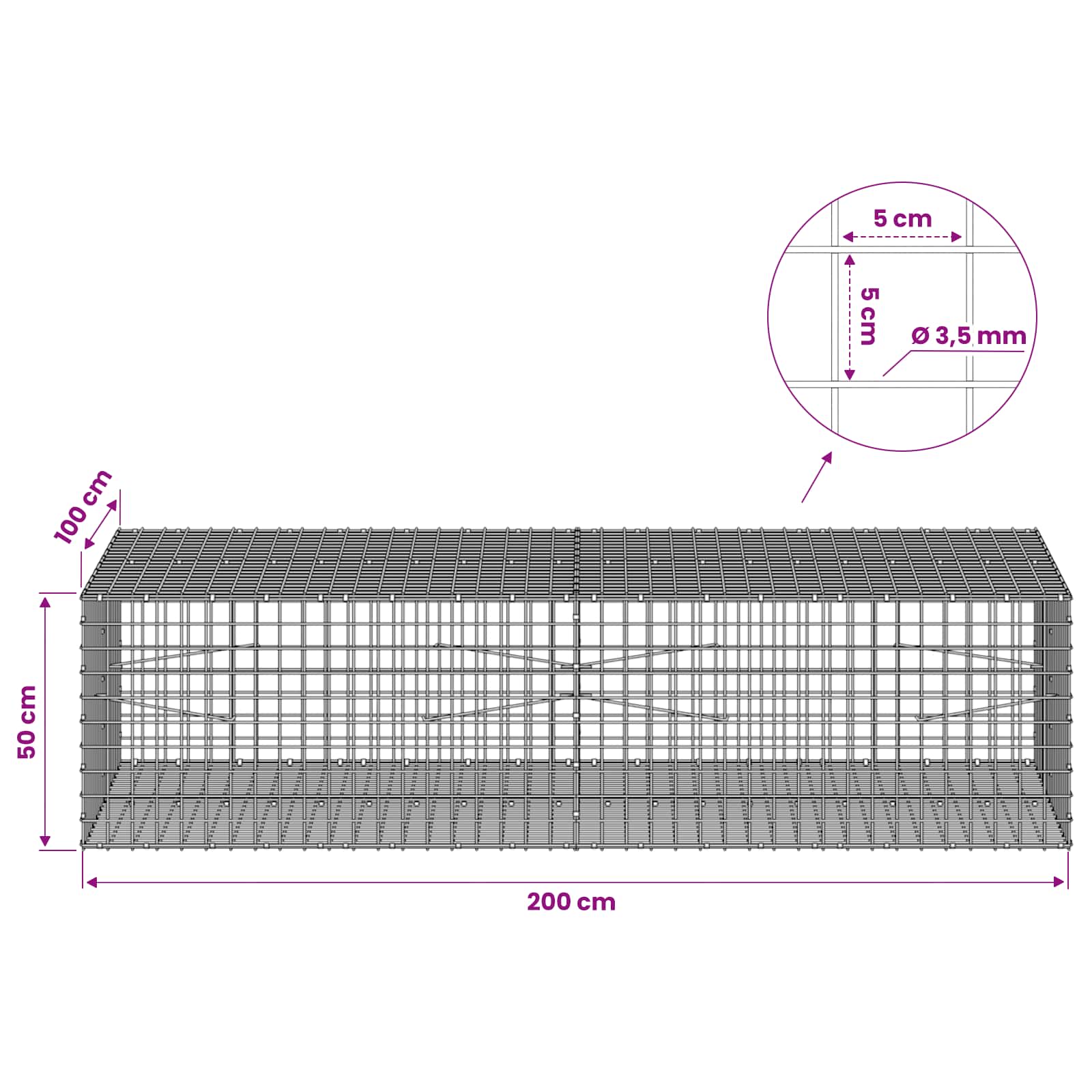 Gabion z žico 3,5 mm in mrežo 5x5 cm 200x100x50 cm
