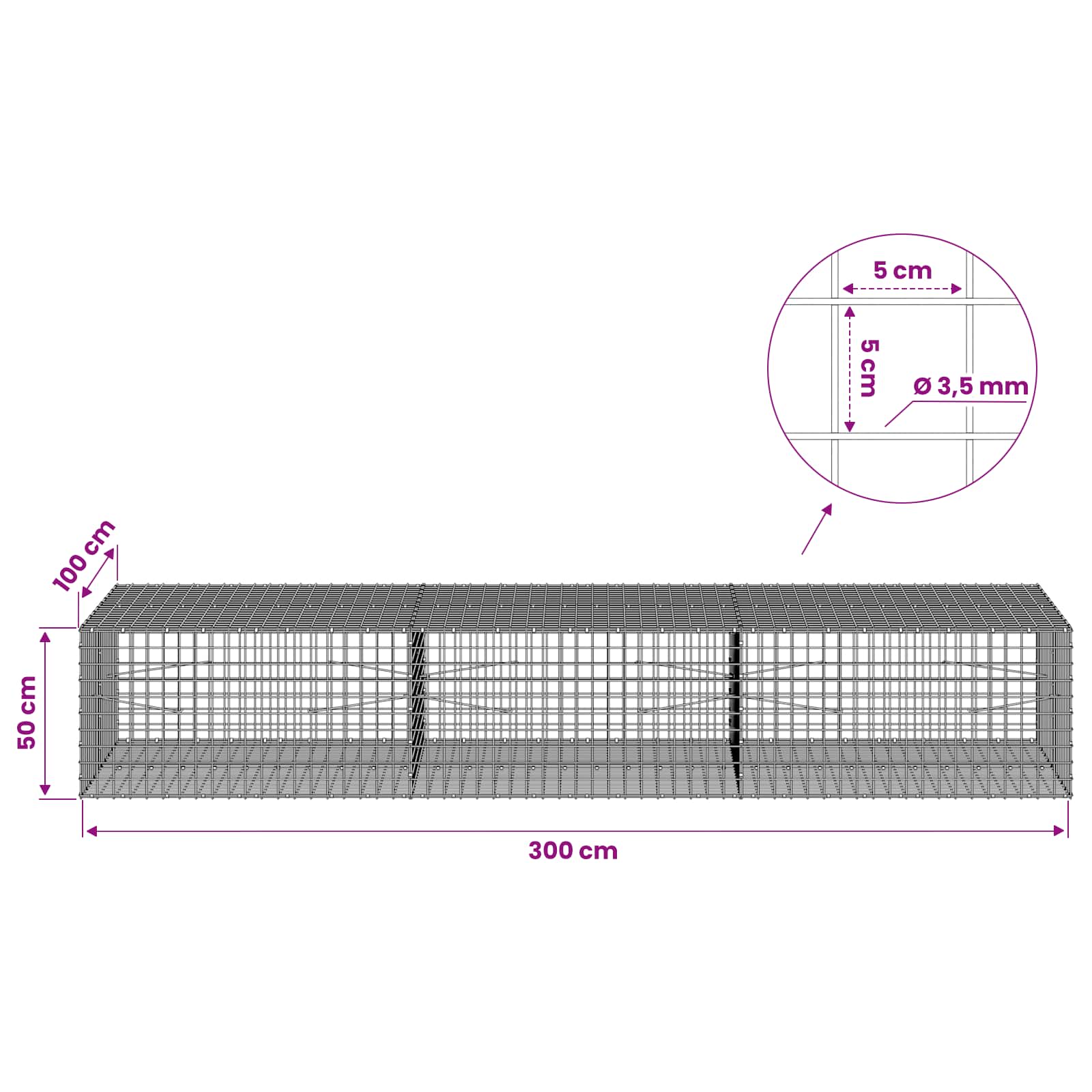 Gabion z žico 3,5 mm in mrežo 5x5 cm 300x100x50 cm