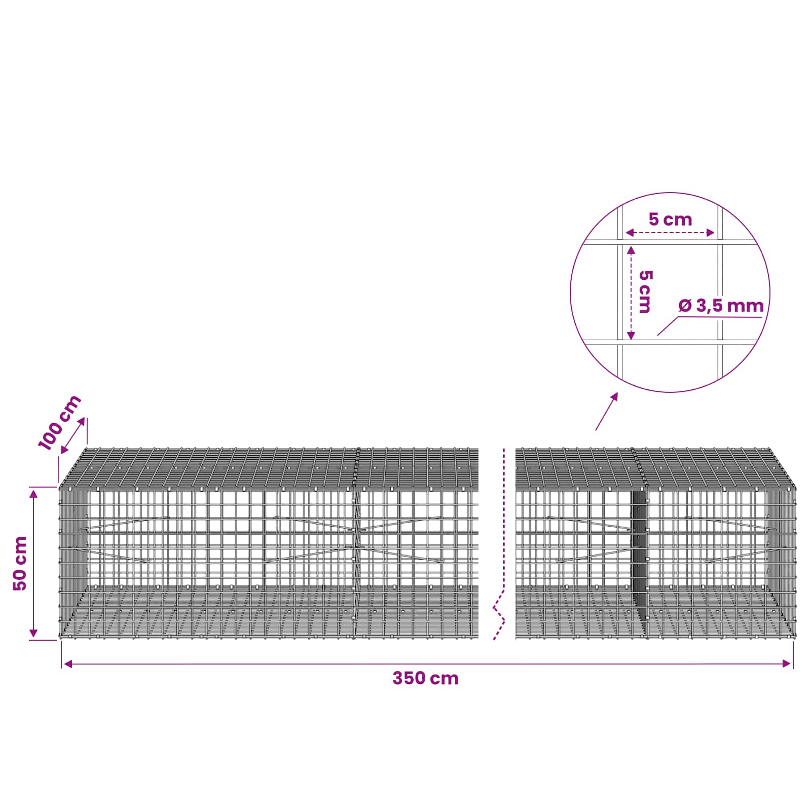 Gabion z žico 3,5 mm in mrežo 5x5 cm 350x100x50 cm