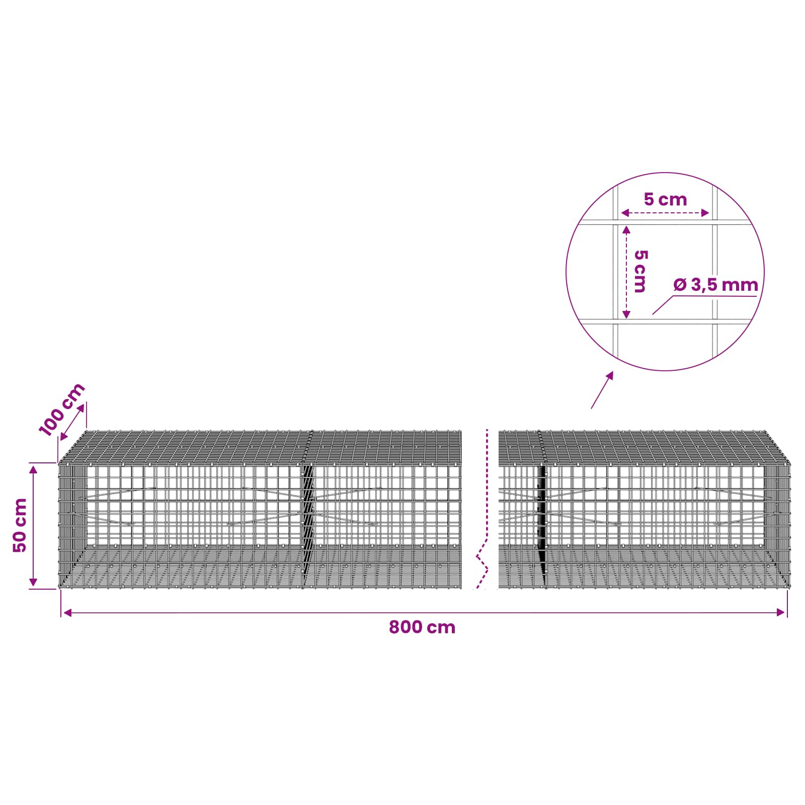 Gabion z žico 3,5 mm in mrežo 5x5 cm 800x100x50 cm