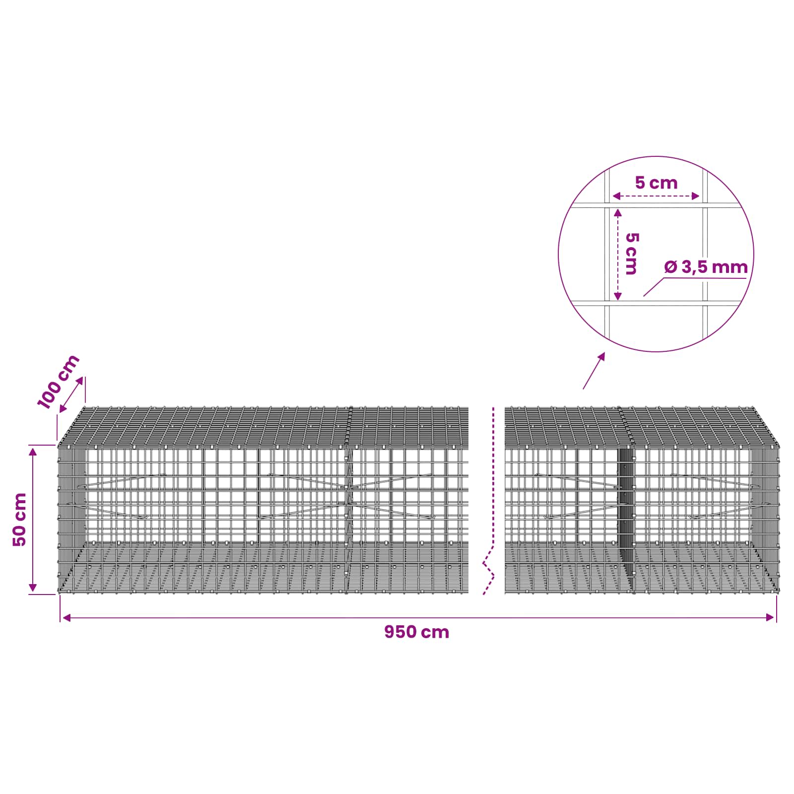 Gabion z žico 3,5 mm in mrežo 5x5 cm 950x100x50 cm