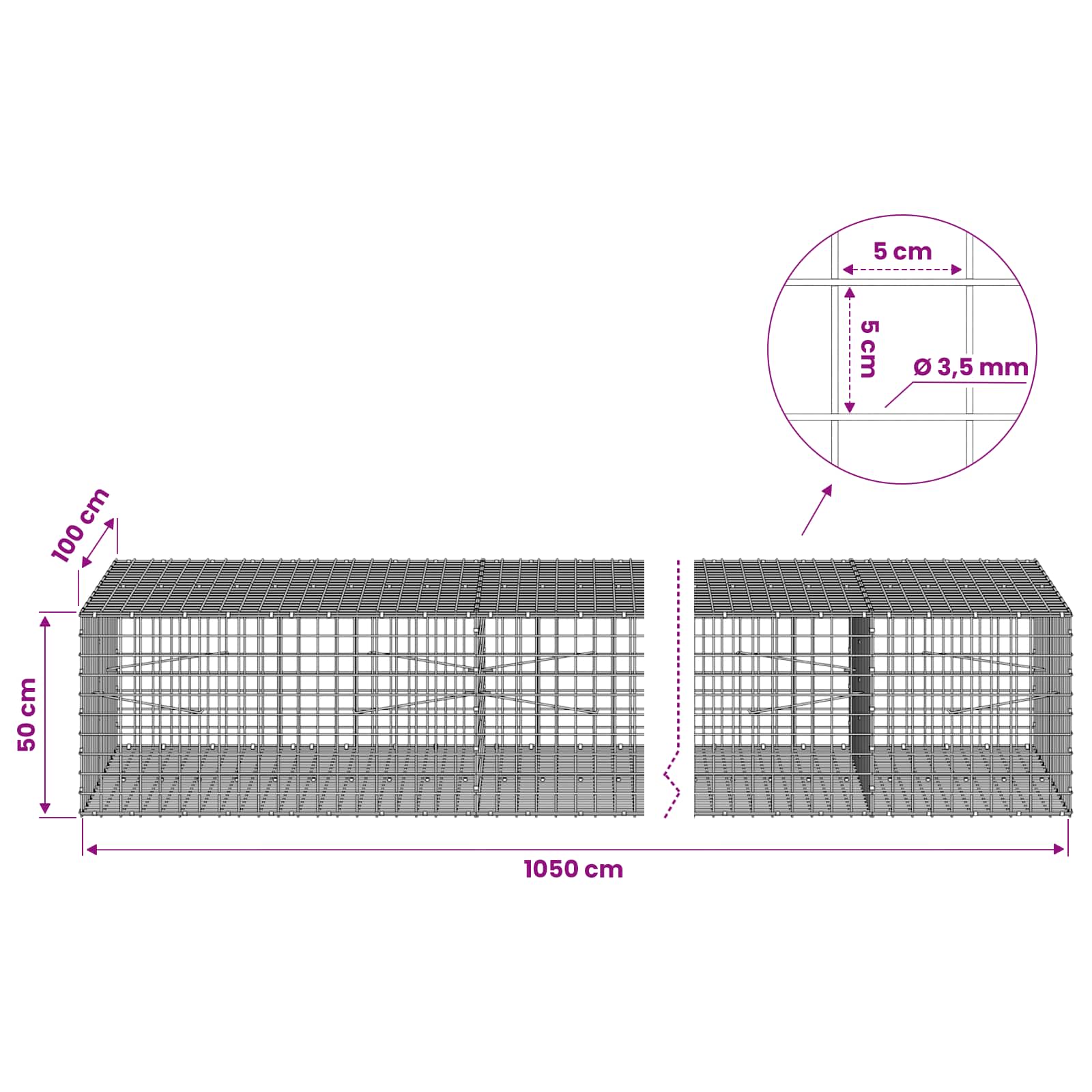 Gabion z žico 3,5 mm in mrežo 5x5 cm 1050x100x50 cm