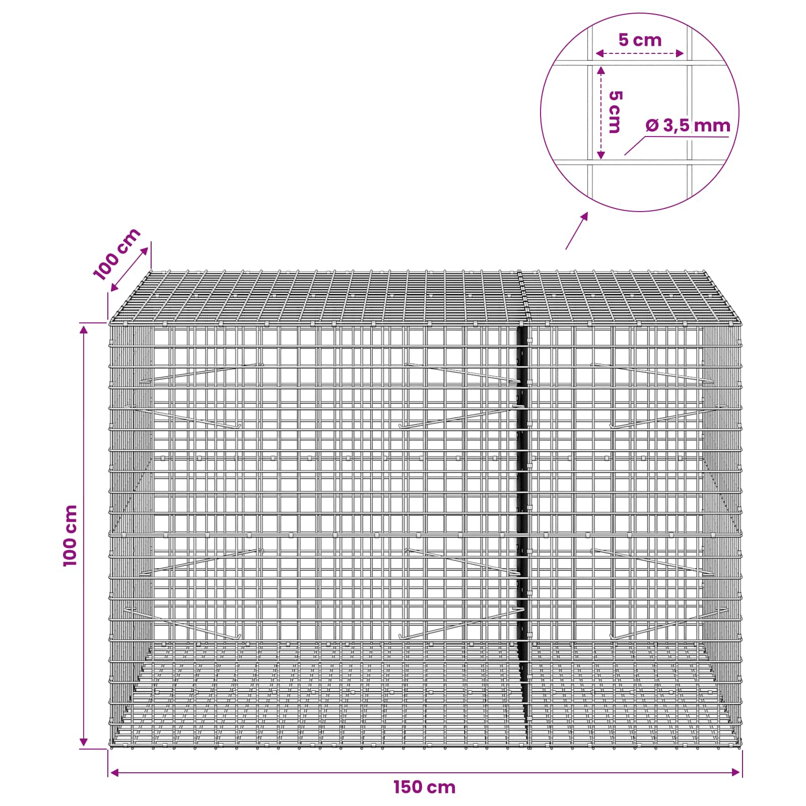 Gabion z žico 3,5 mm in mrežo 5x5 cm 150x100x100 cm