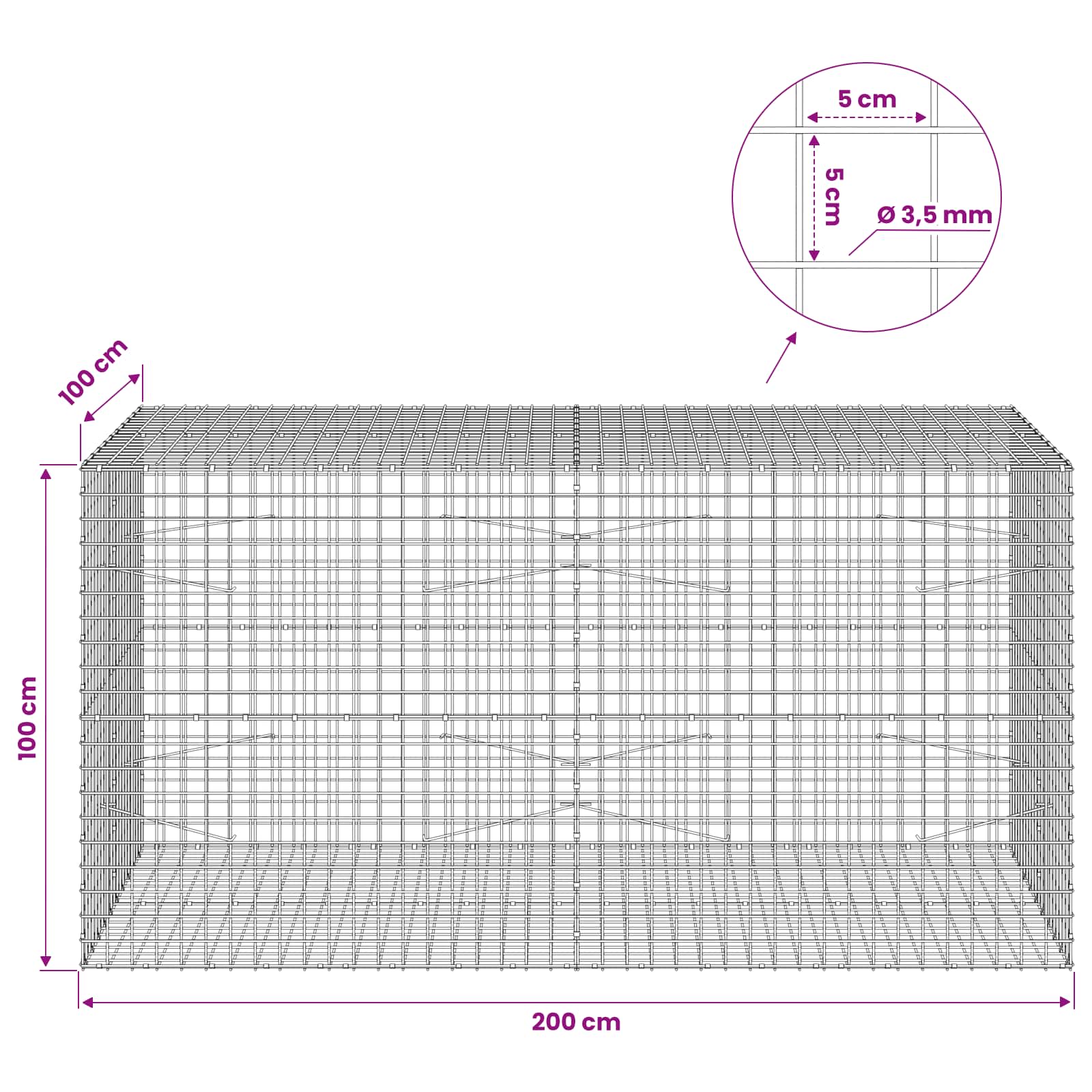 Gabion z žico 3,5 mm in mrežo 5x5 cm 200x100x100 cm
