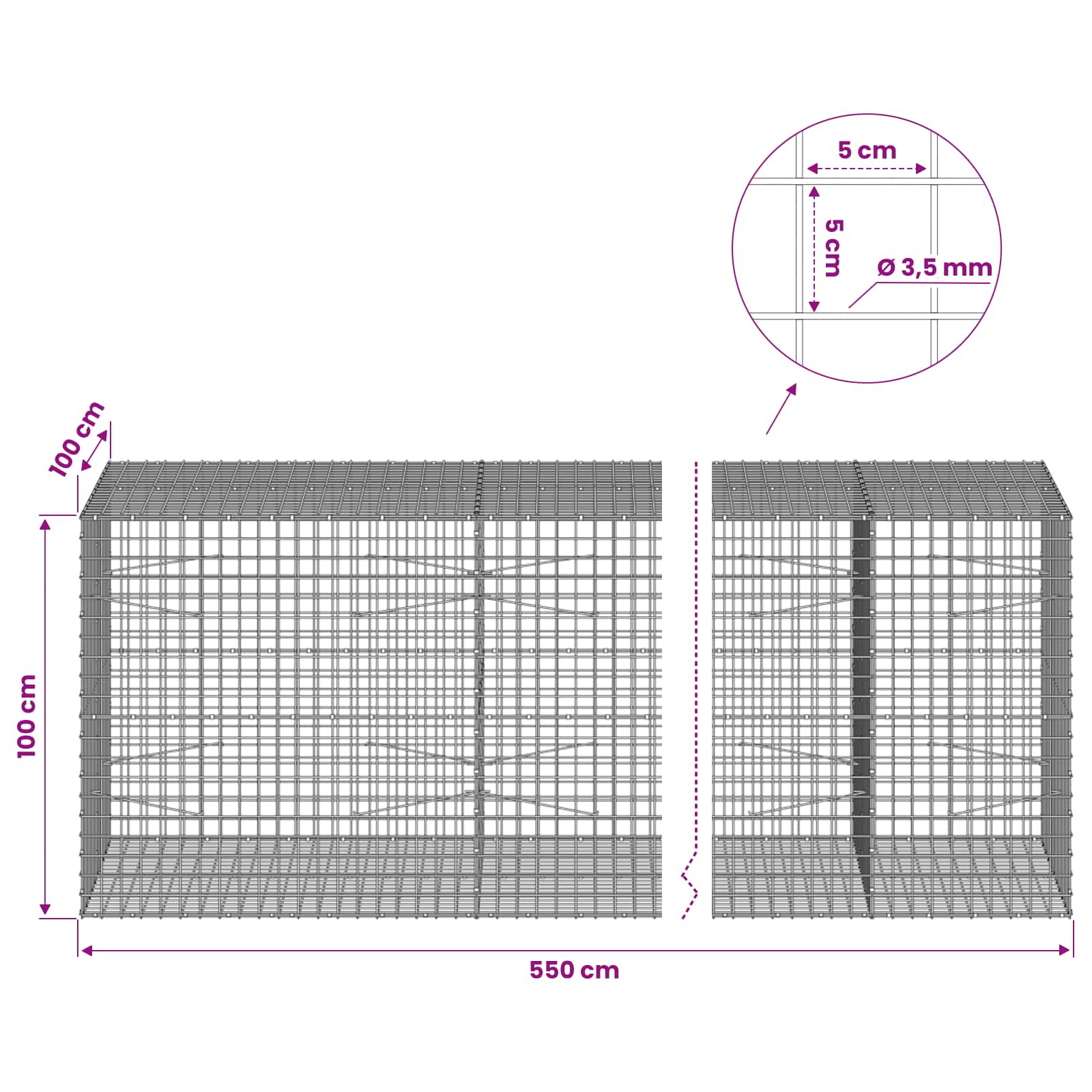 Gabion z žico 3,5 mm in mrežo 5x5 cm 550x100x100 cm