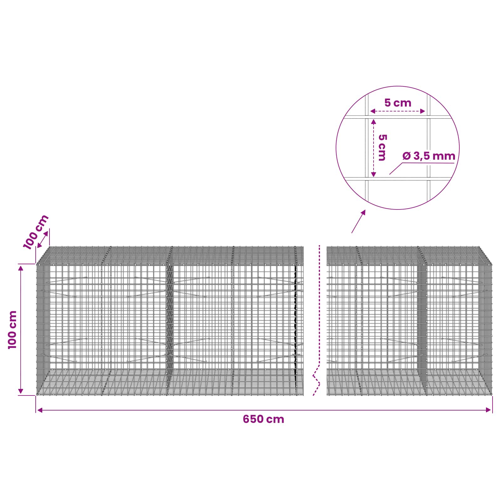 Gabion z žico 3,5 mm in mrežo 5x5 cm 650x100x100 cm