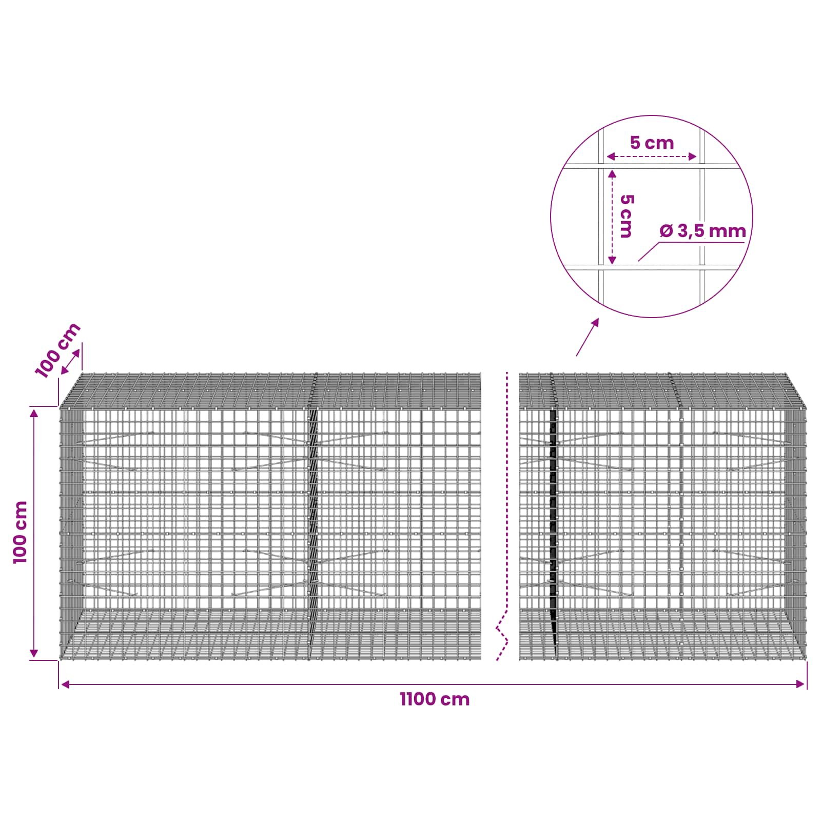 Gabion z žico 3,5 mm in mrežo 5x5 cm 1100x100x100 cm