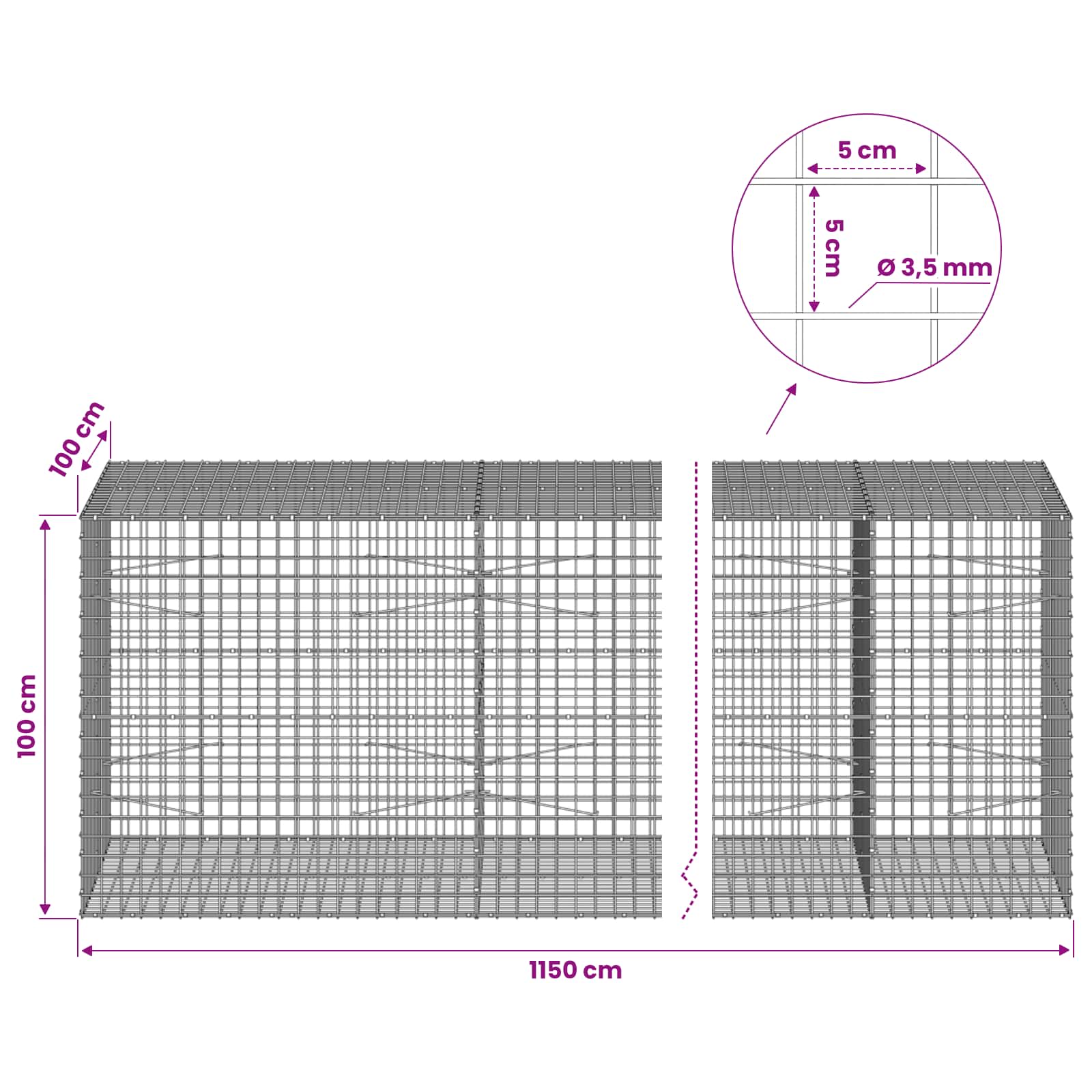 Gabion z žico 3,5 mm in mrežo 5x5 cm 1150x100x100 cm