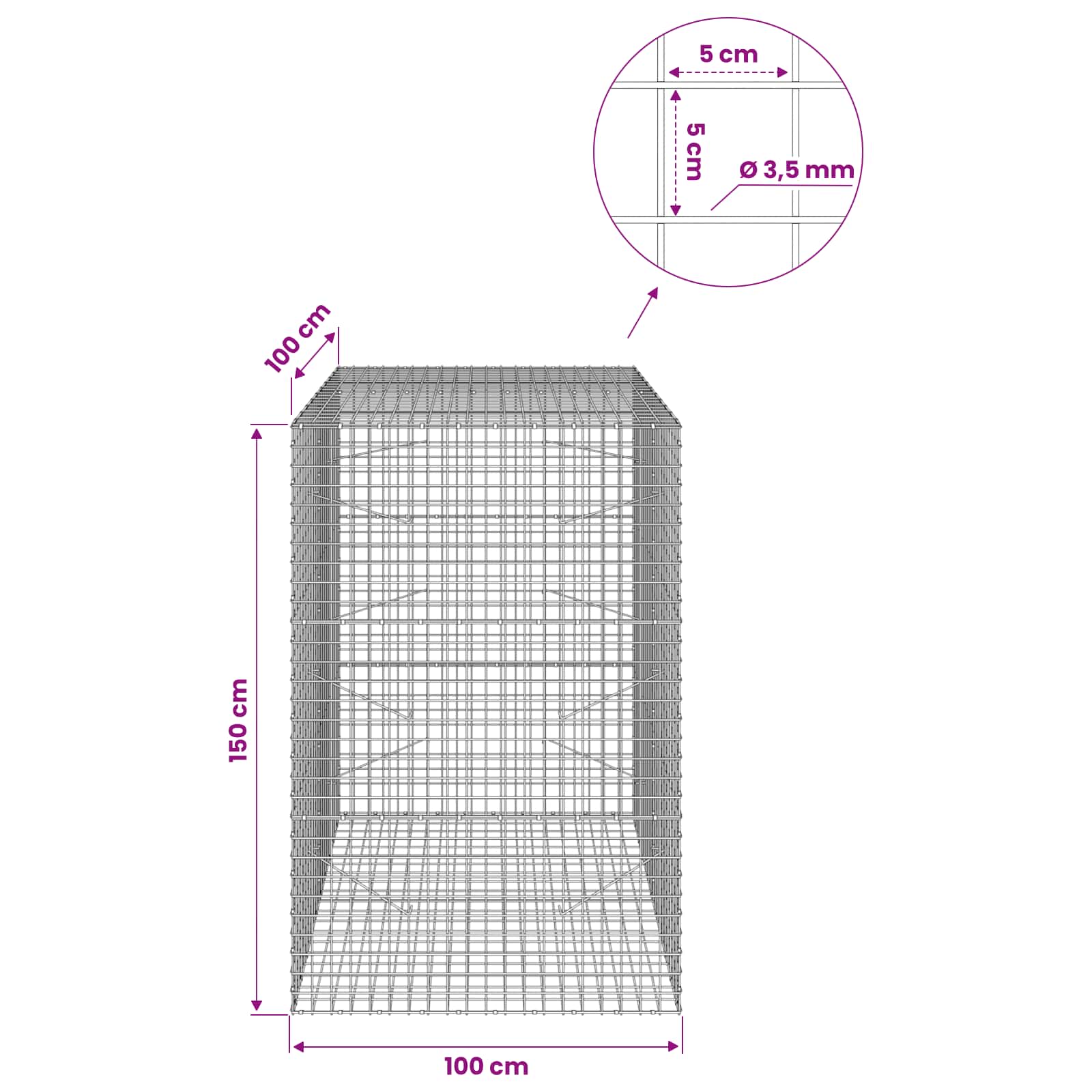 Gabion z žico 3,5 mm in mrežo 5x5 cm 100x100x150 cm
