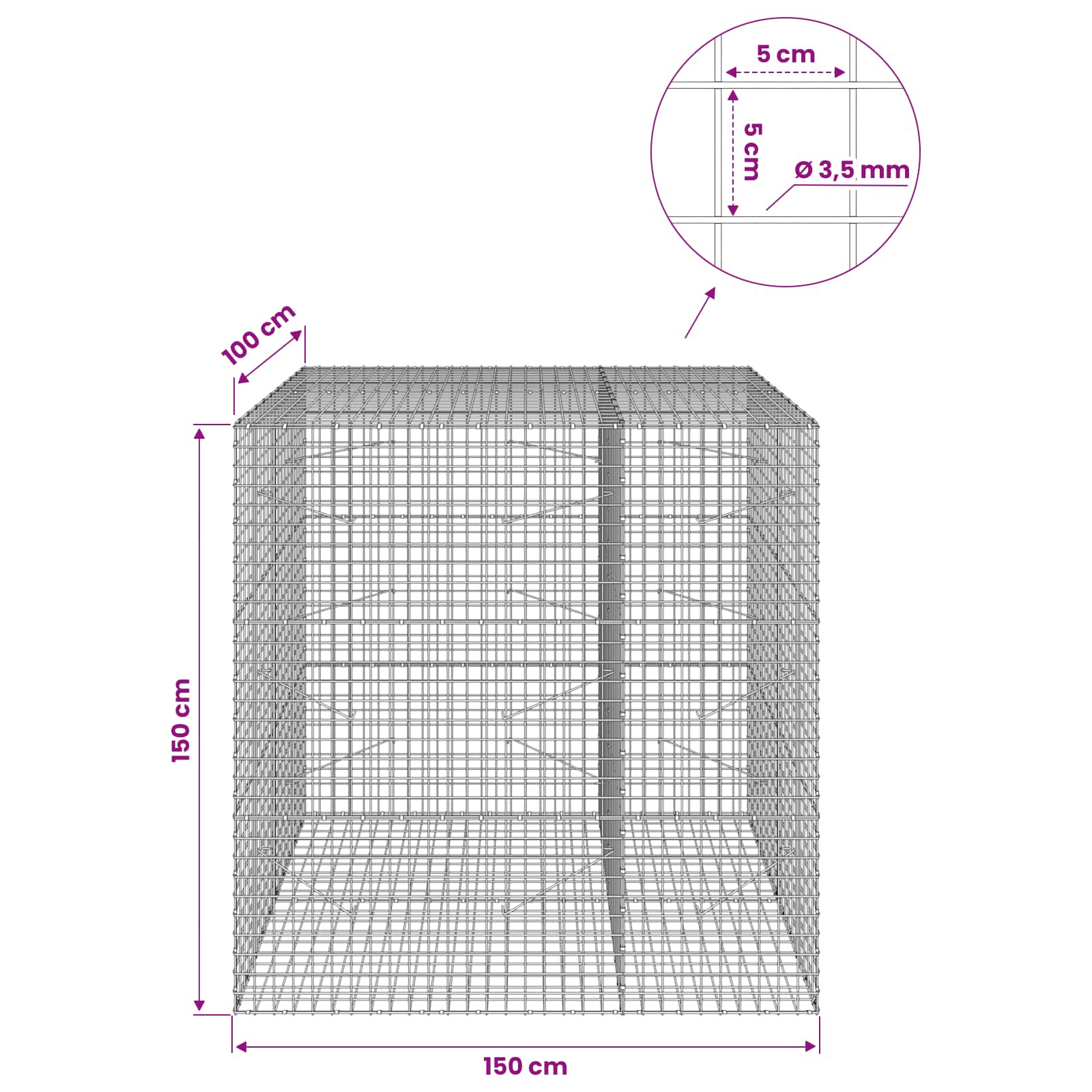 Gabion z žico 3,5 mm in mrežo 5x5 cm 150x100x150 cm