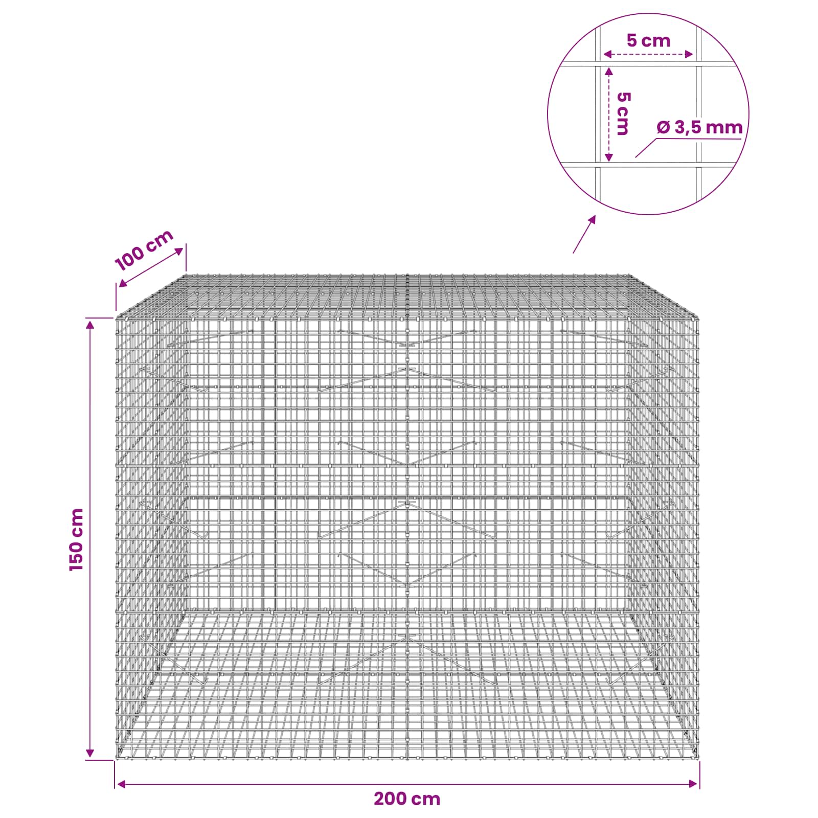 Gabion z žico 3,5 mm in mrežo 5x5 cm 200x100x150 cm