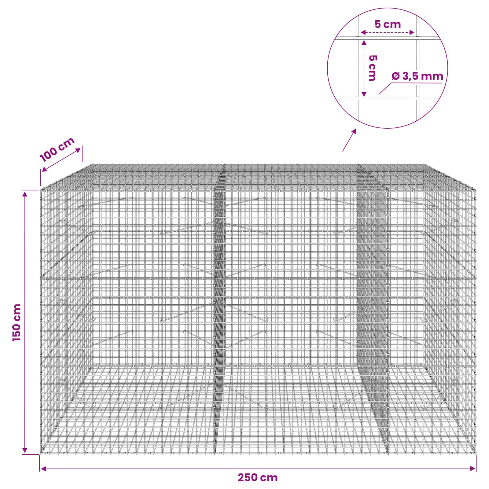 Gabion z žico 3,5 mm in mrežo 5x5 cm 250x100x150 cm