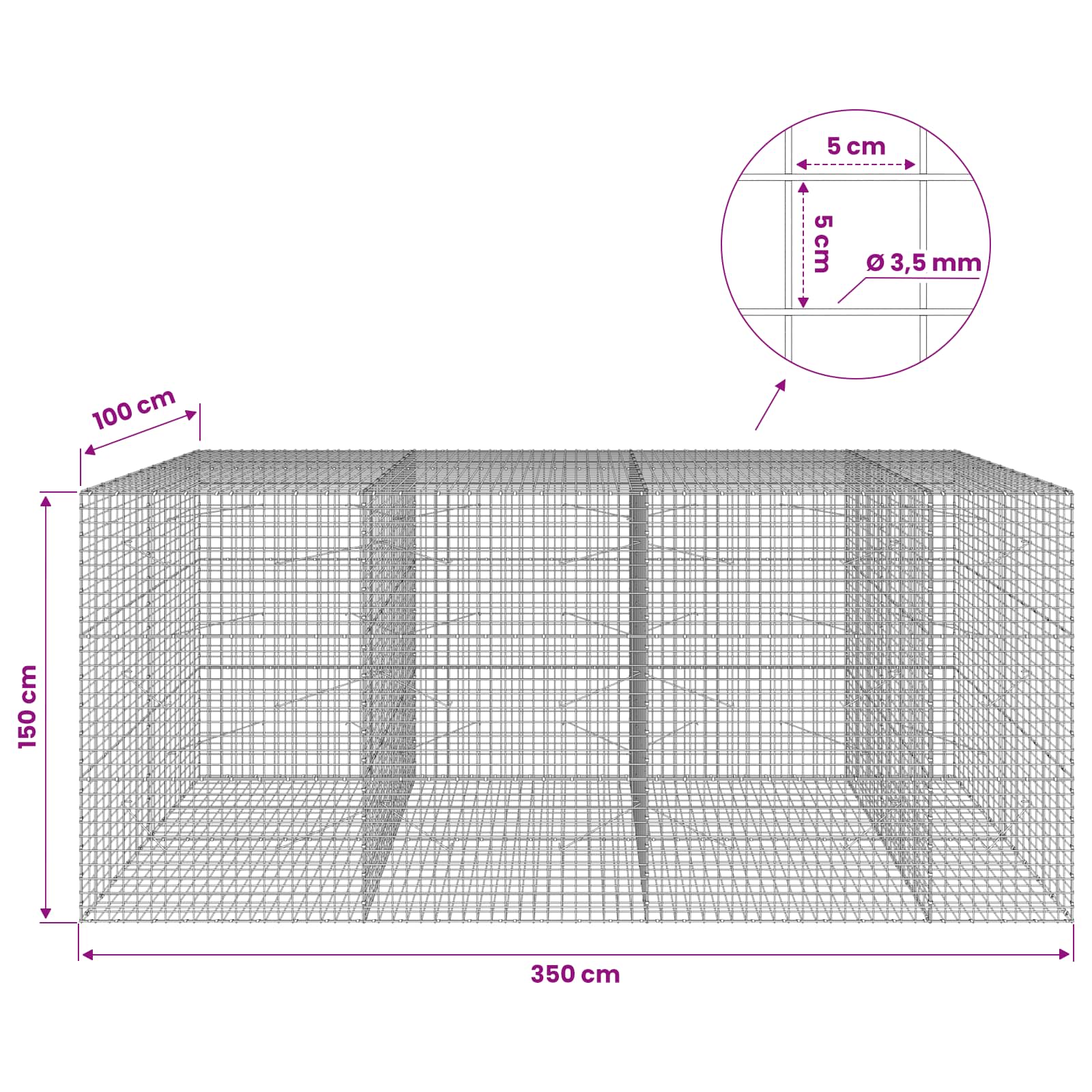 Gabion z žico 3,5 mm in mrežo 5x5 cm 350x100x150 cm