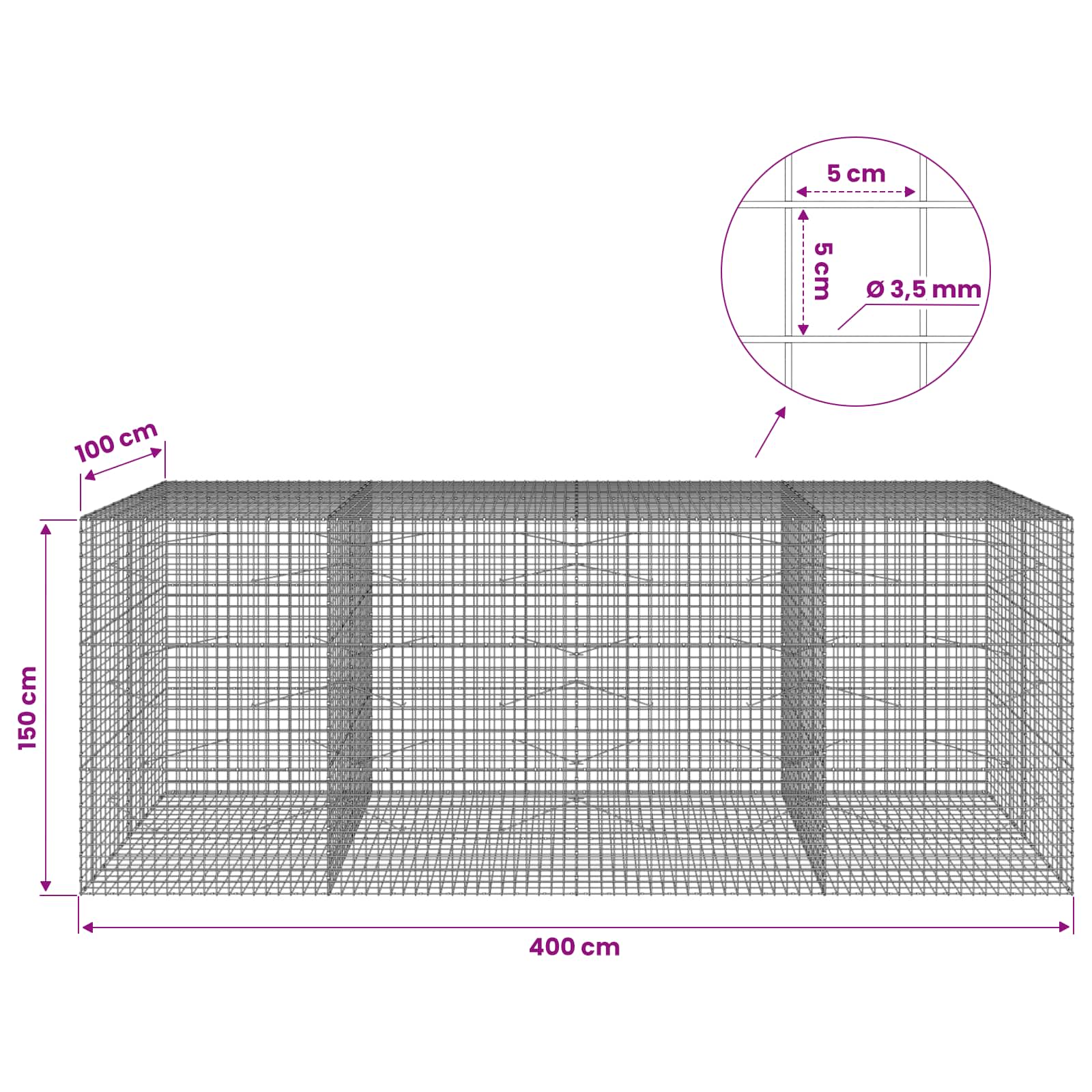 Gabion z žico 3,5 mm in mrežo 5x5 cm 400x100x150 cm
