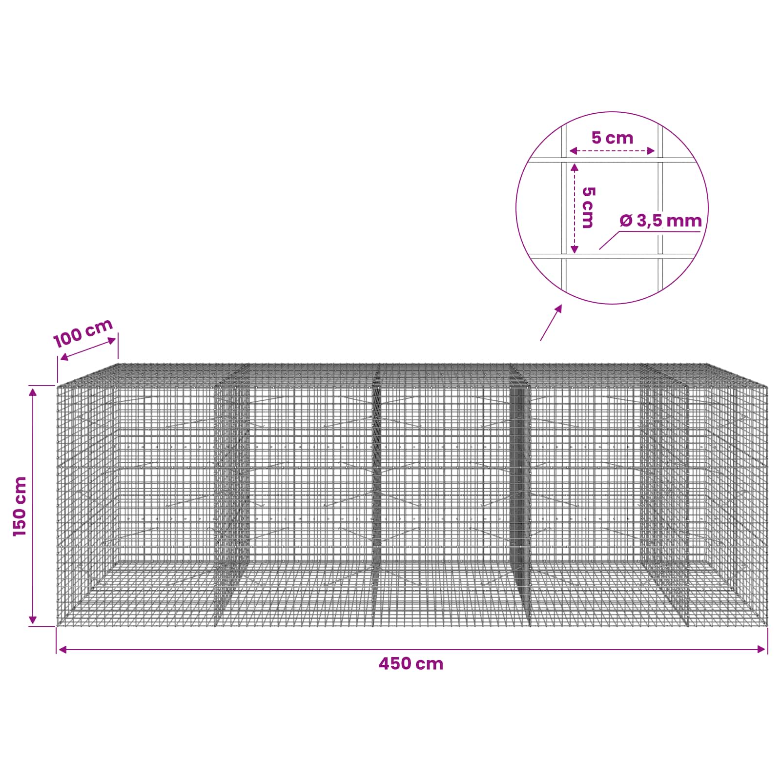Gabion z žico 3,5 mm in mrežo 5x5 cm 450x100x150 cm