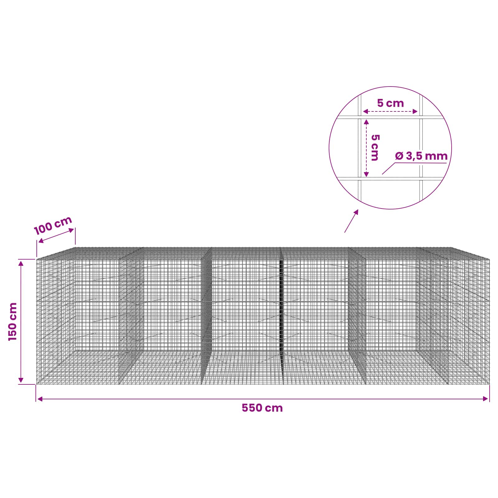Gabion z žico 3,5 mm in mrežo 5x5 cm 550x100x150 cm
