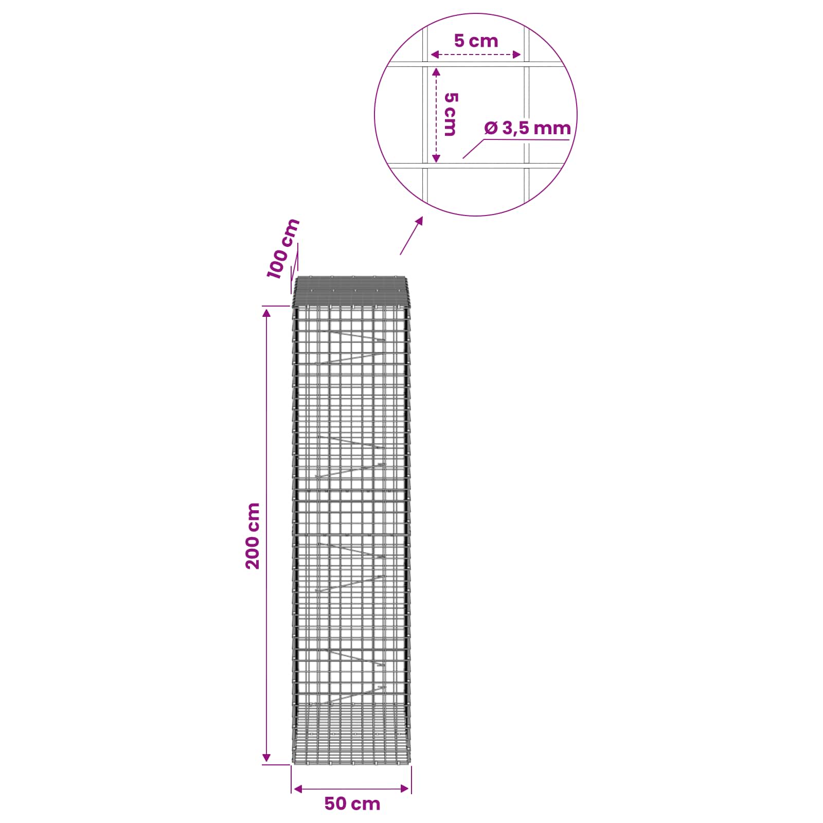 Gabion z žico 3,5 mm in mrežo 5x5 cm 50x100x200 cm