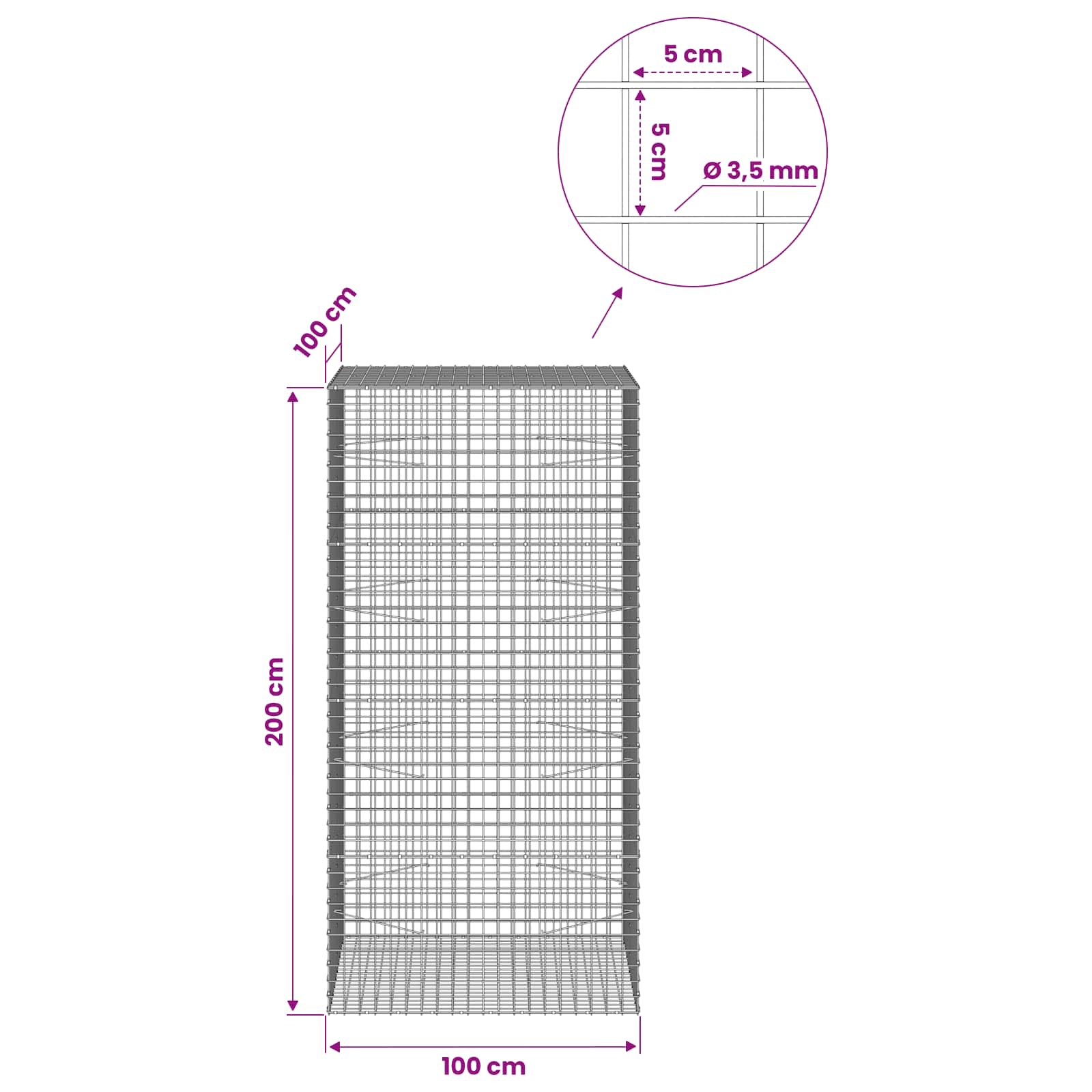Gabion z žico 3,5 mm in mrežo 5x5 cm 100x100x200 cm