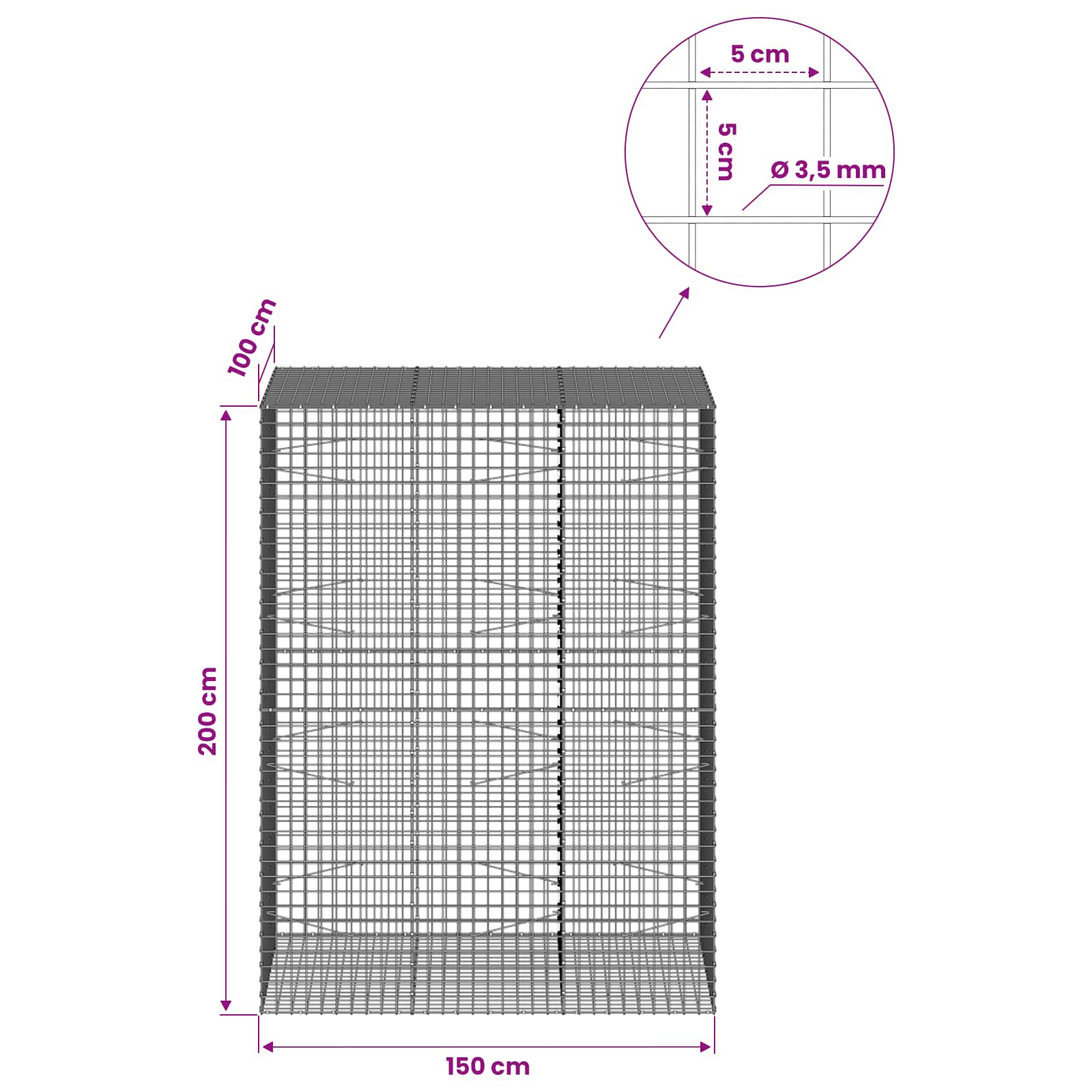 Gabion z žico 3,5 mm in mrežo 5x5 cm 150x100x200 cm