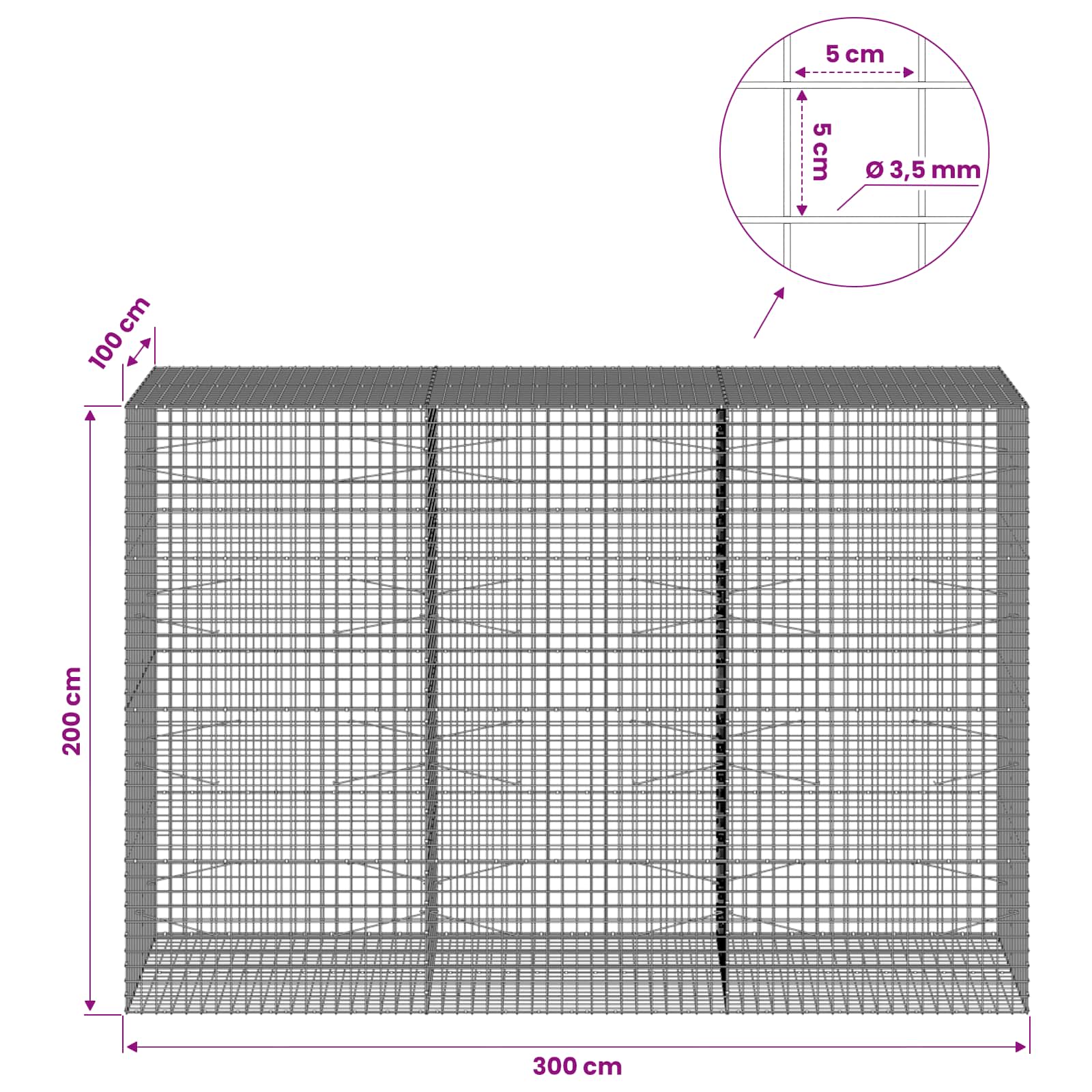 Gabion z žico 3,5 mm in mrežo 5x5 cm 300x100x200 cm