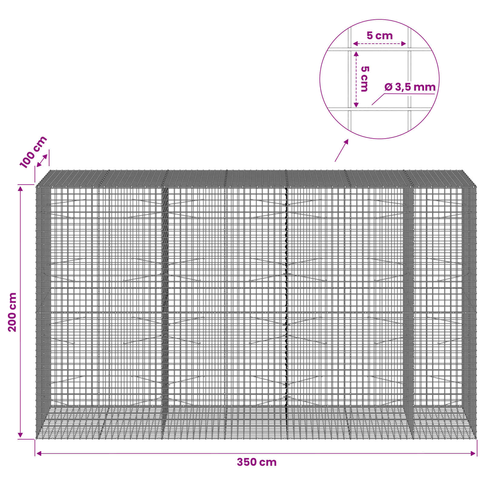 Gabion z žico 3,5 mm in mrežo 5x5 cm 350x100x200 cm