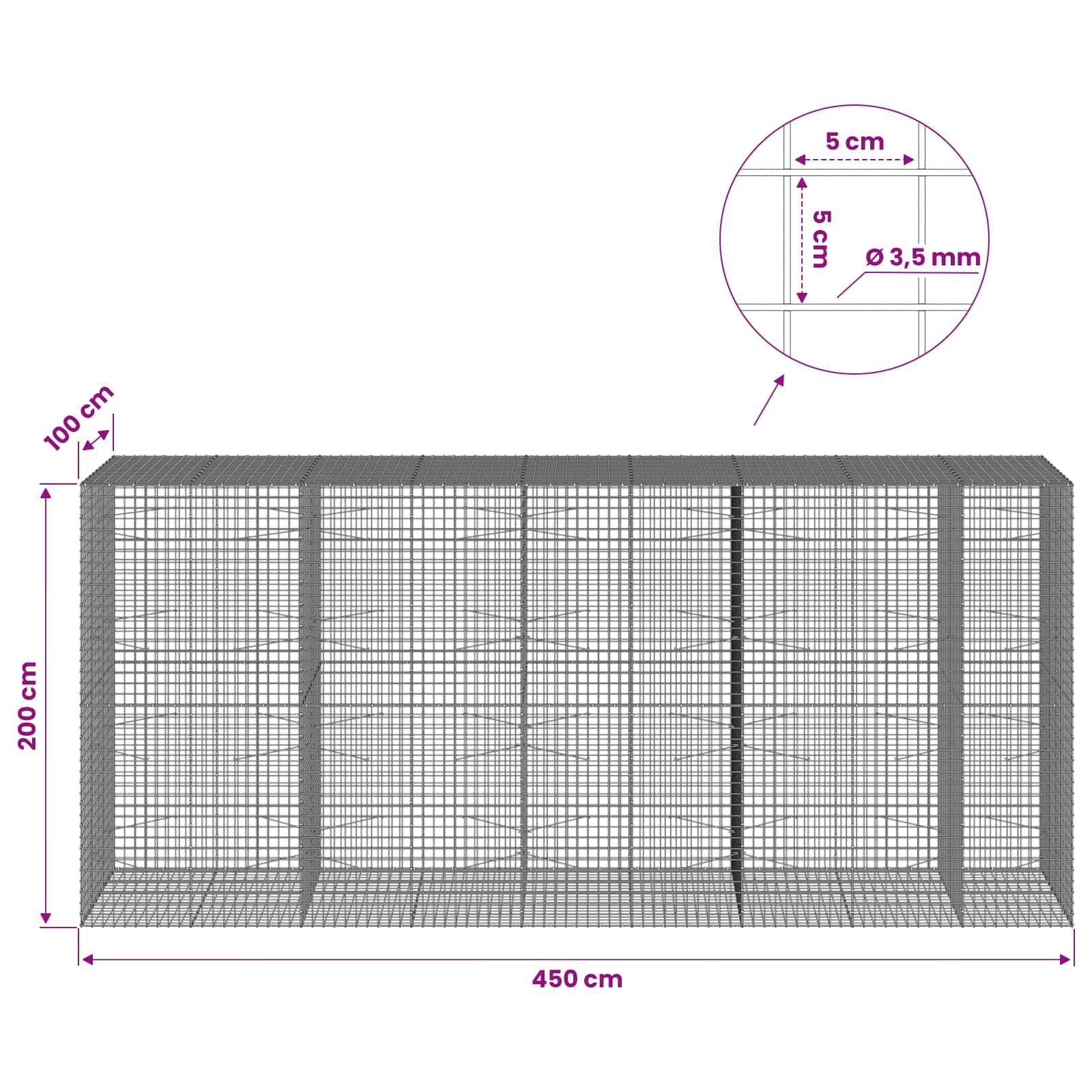 Gabion z žico 3,5 mm in mrežo 5x5 cm 450x100x200 cm