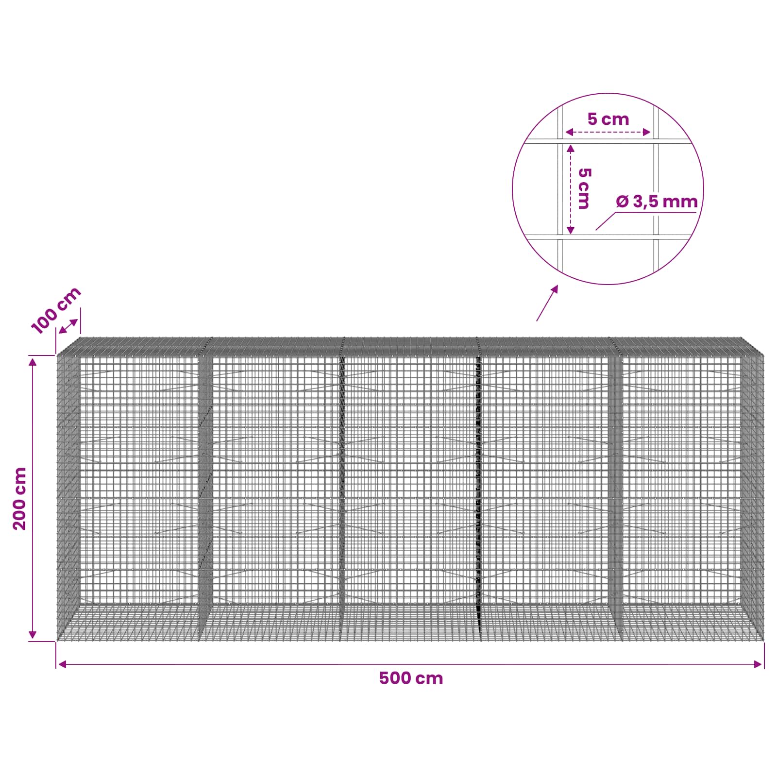 Gabion z žico 3,5 mm in mrežo 5x5 cm 500x100x200 cm