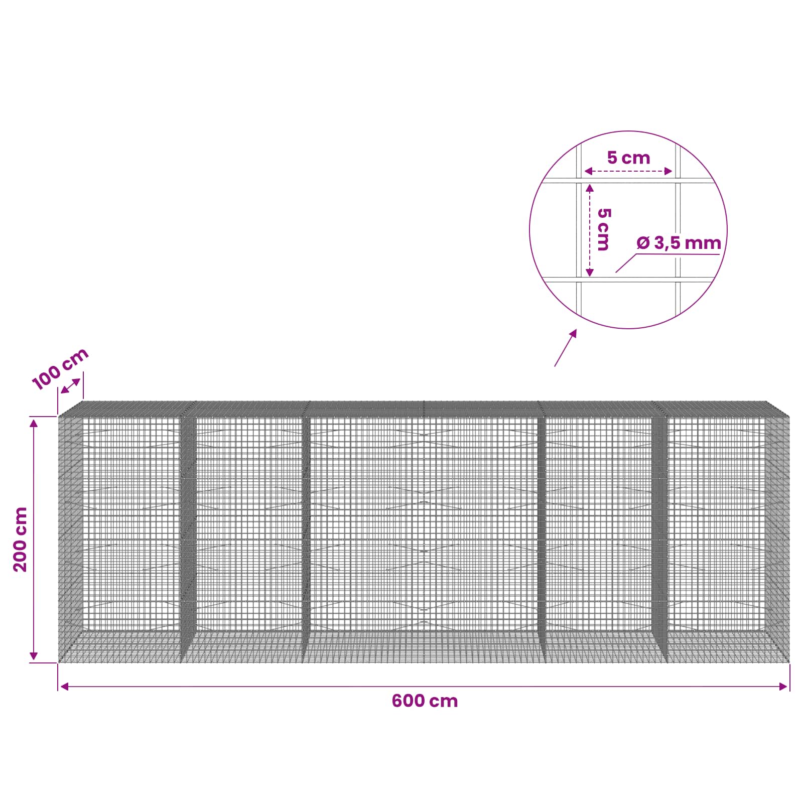 Gabion z žico 3,5 mm in mrežo 5x5 cm 600x100x200 cm