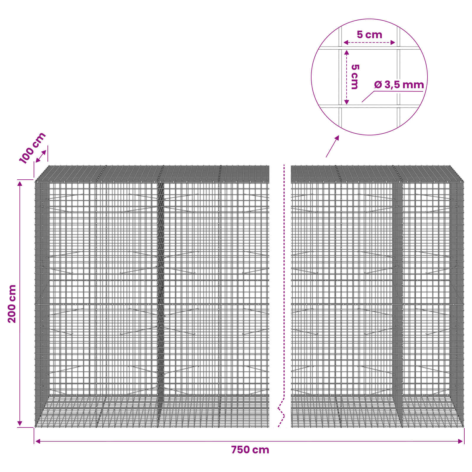Gabion z žico 3,5 mm in mrežo 5x5 cm 750x100x200 cm