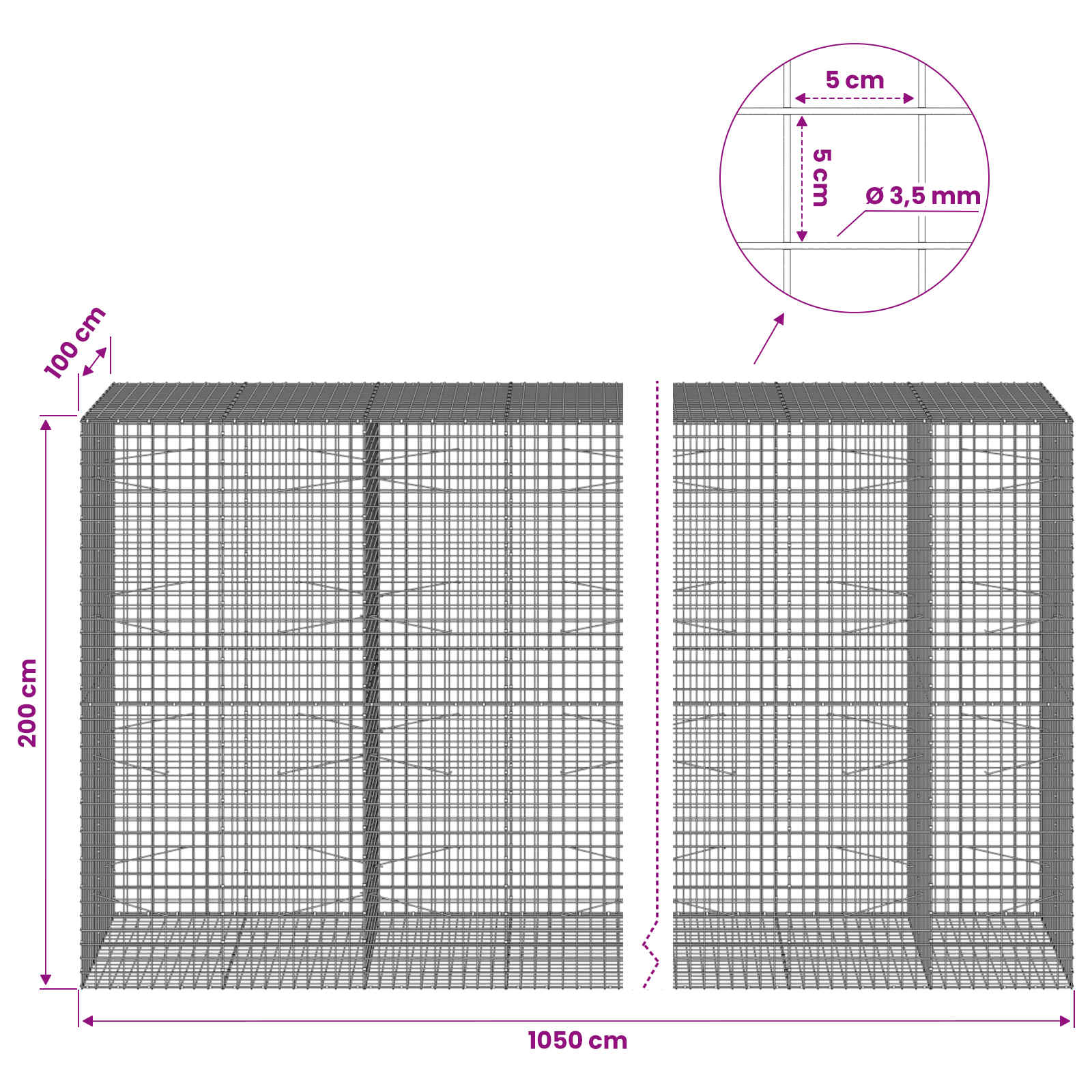 Gabion z žico 3,5 mm in mrežo 5x5 cm 1050x100x200 cm